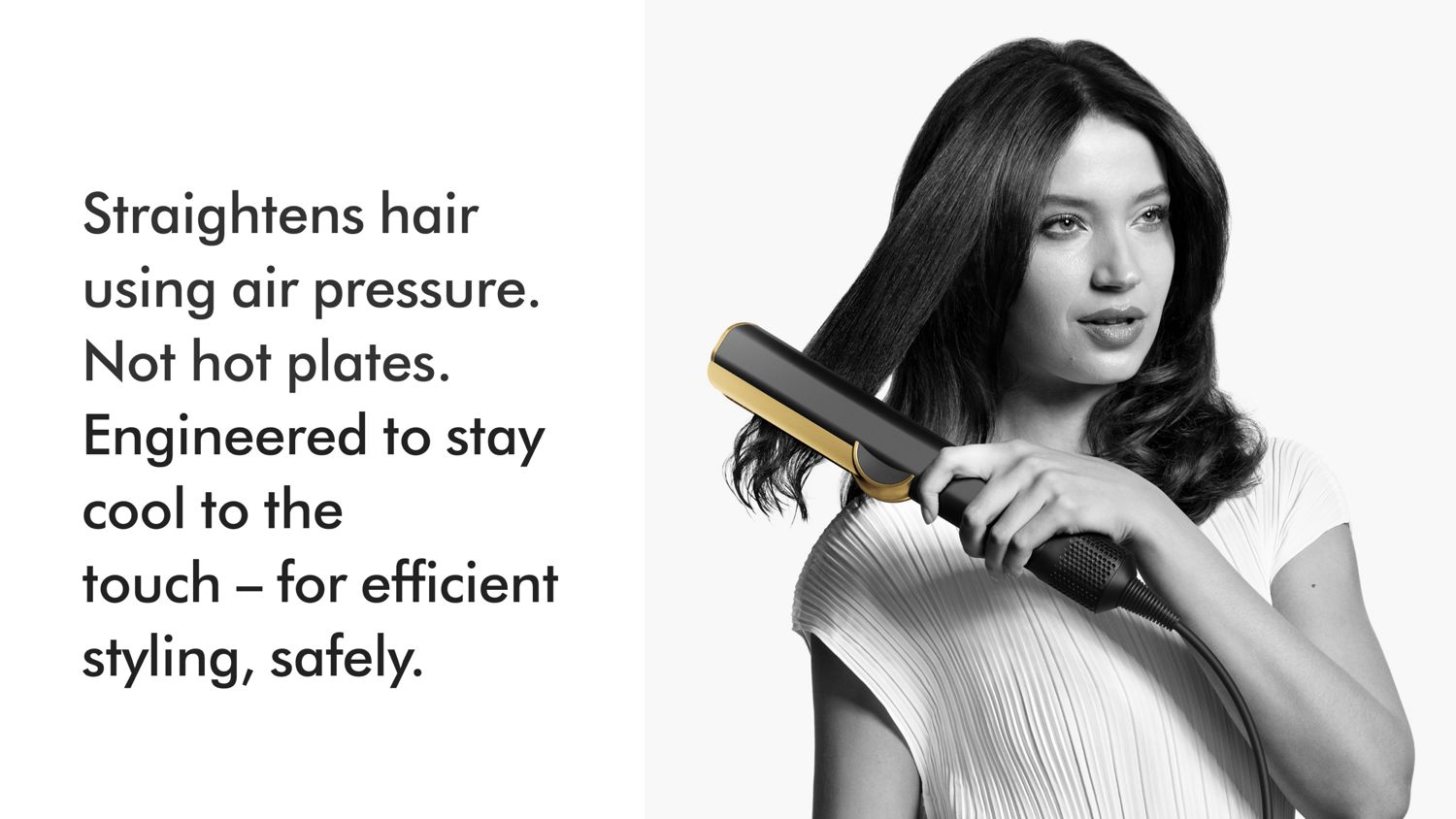 A model showing off her hair styled using the Dyson Airstrait straightener.