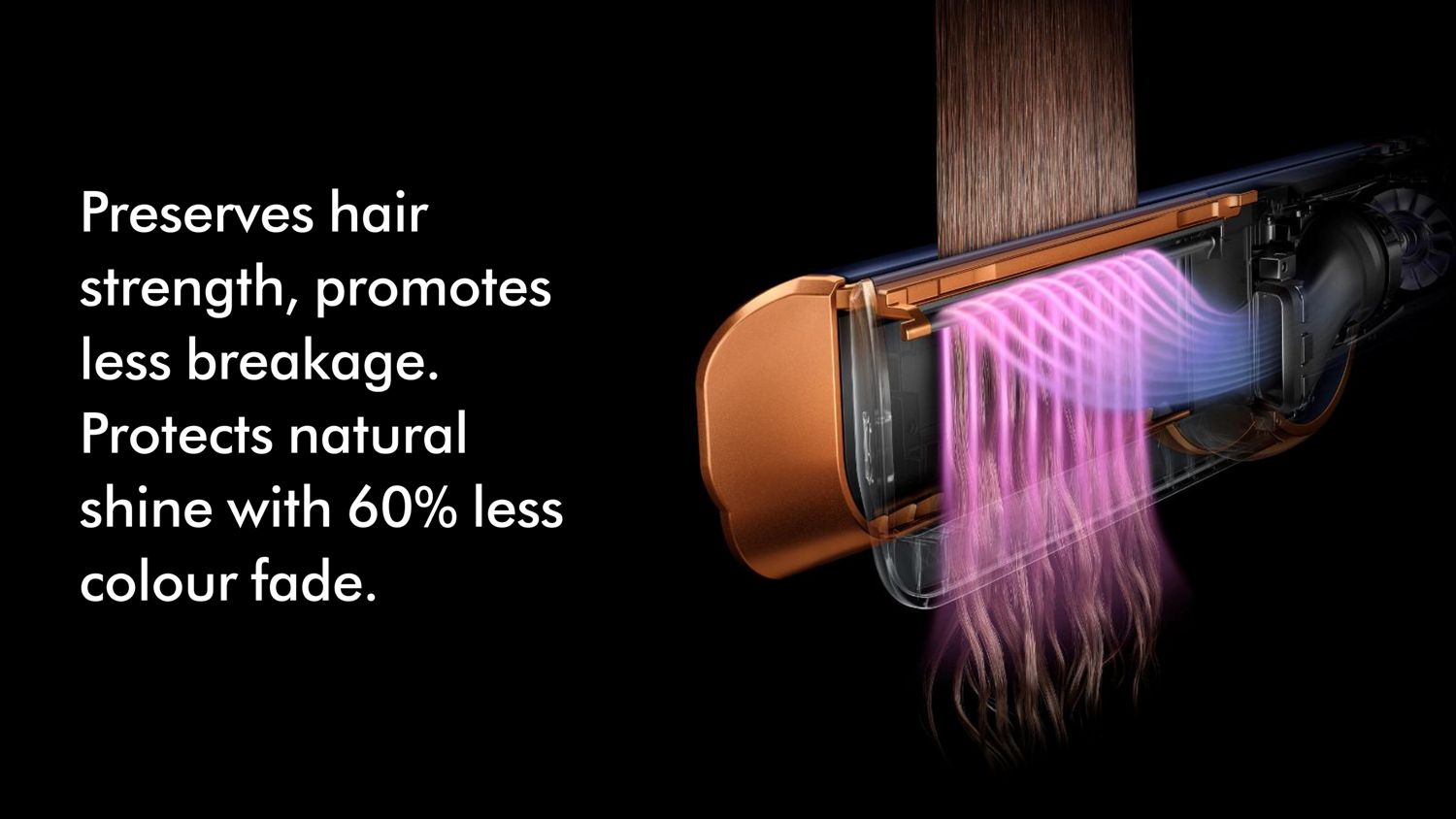 Cutaway graphic showing how air is shaped by the Dyson Airstrait to straighten hair without extreme heat.
