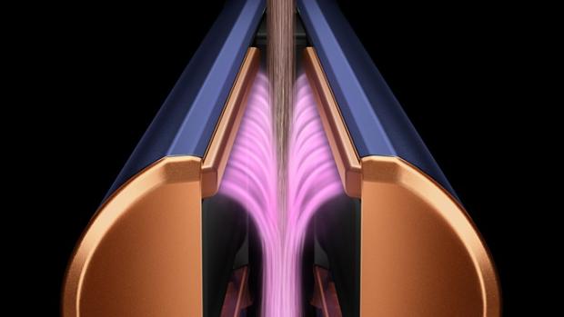 Kolları kilitli Dyson Airstrait saç düzleştirici. Hava akımının yönünü gösteren pembe grafik katmanları.