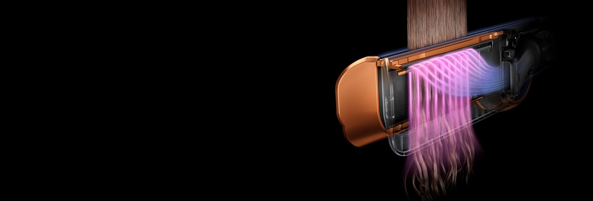 Aşırı ısı olmadan saçı düzleştirmek için Dyson Airstrait'in havayı nasıl şekillendirdiğini gösteren kesit grafik.