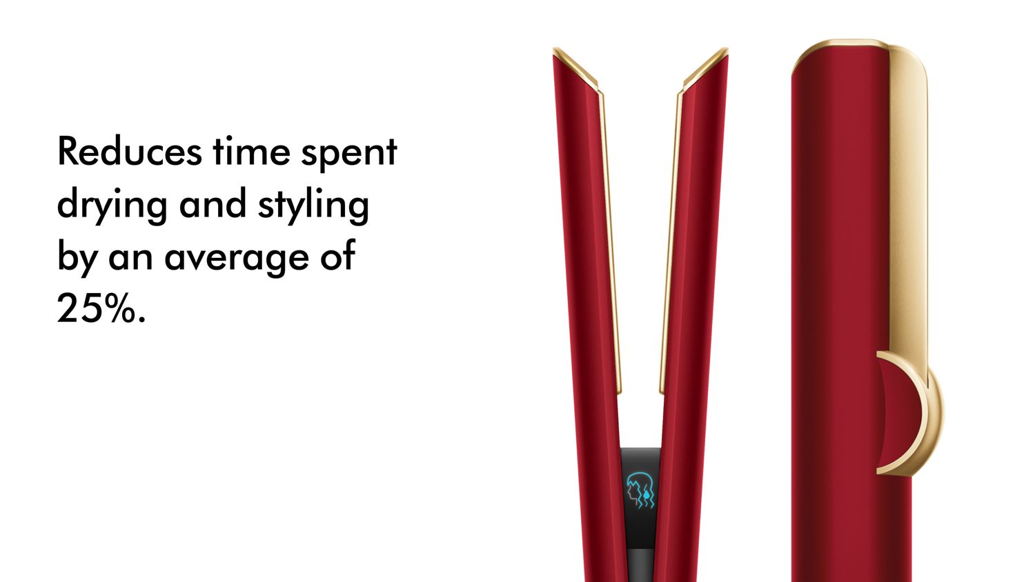 The Dyson Airstrait straightener in Red velvet and gold shown front and side on.
