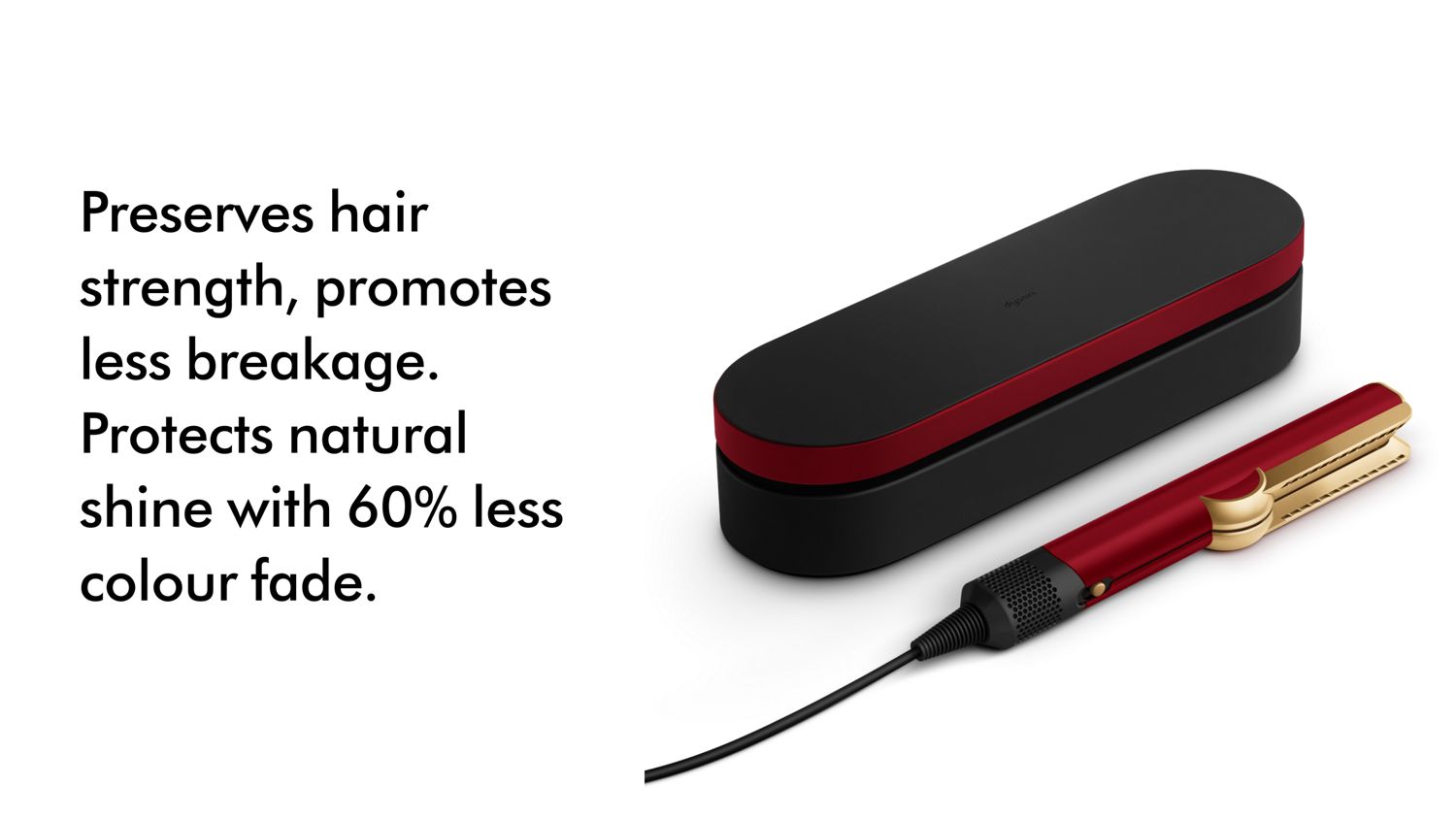 The Dyson Airstrait straightener in Red velvet and gold shown beside a matching Presentation case.