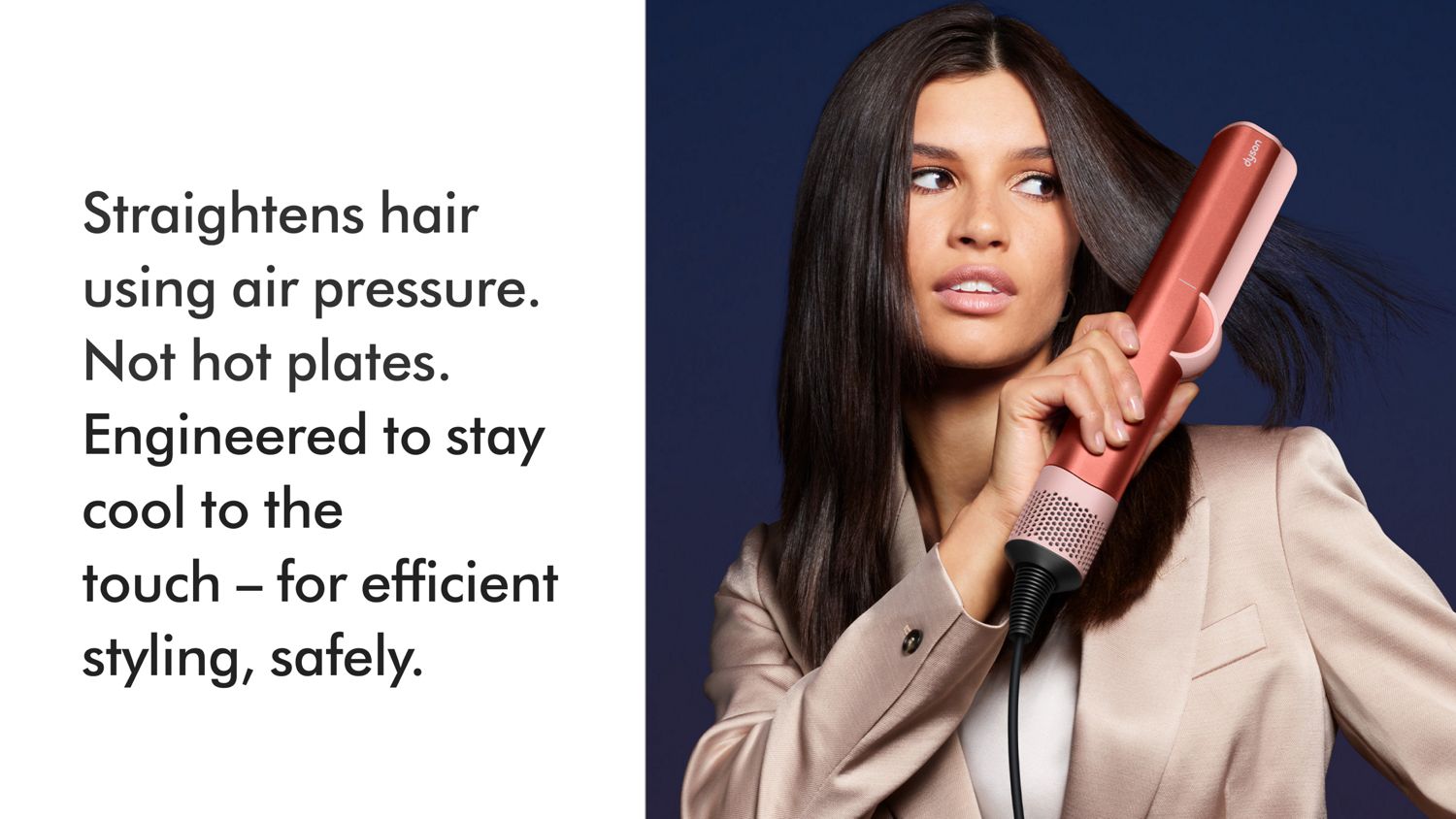 A model showing off her hair styled using the Dyson Airstrait straightener.