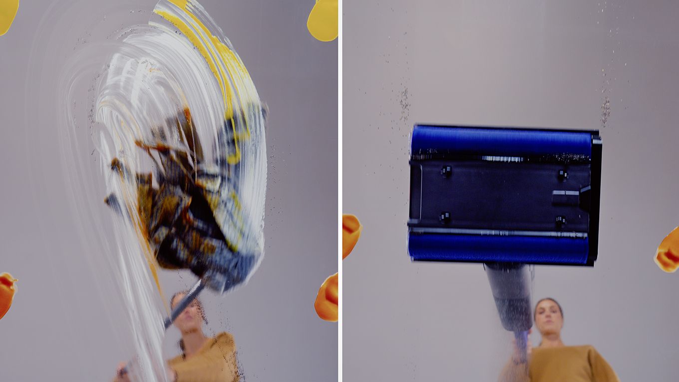 A conventional mop smearing dirt versus Dyson's wet cleaner leaving a sparkling finish