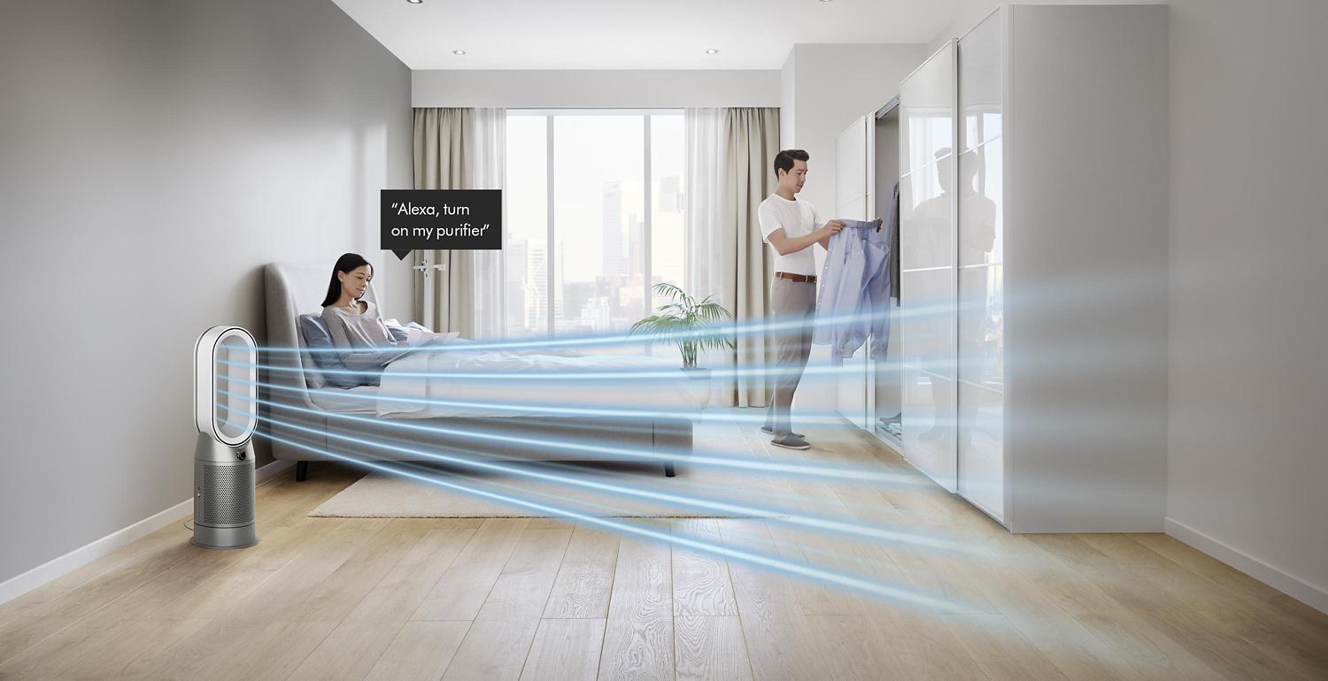 Woman asking Alexa to control her Dyson purifier