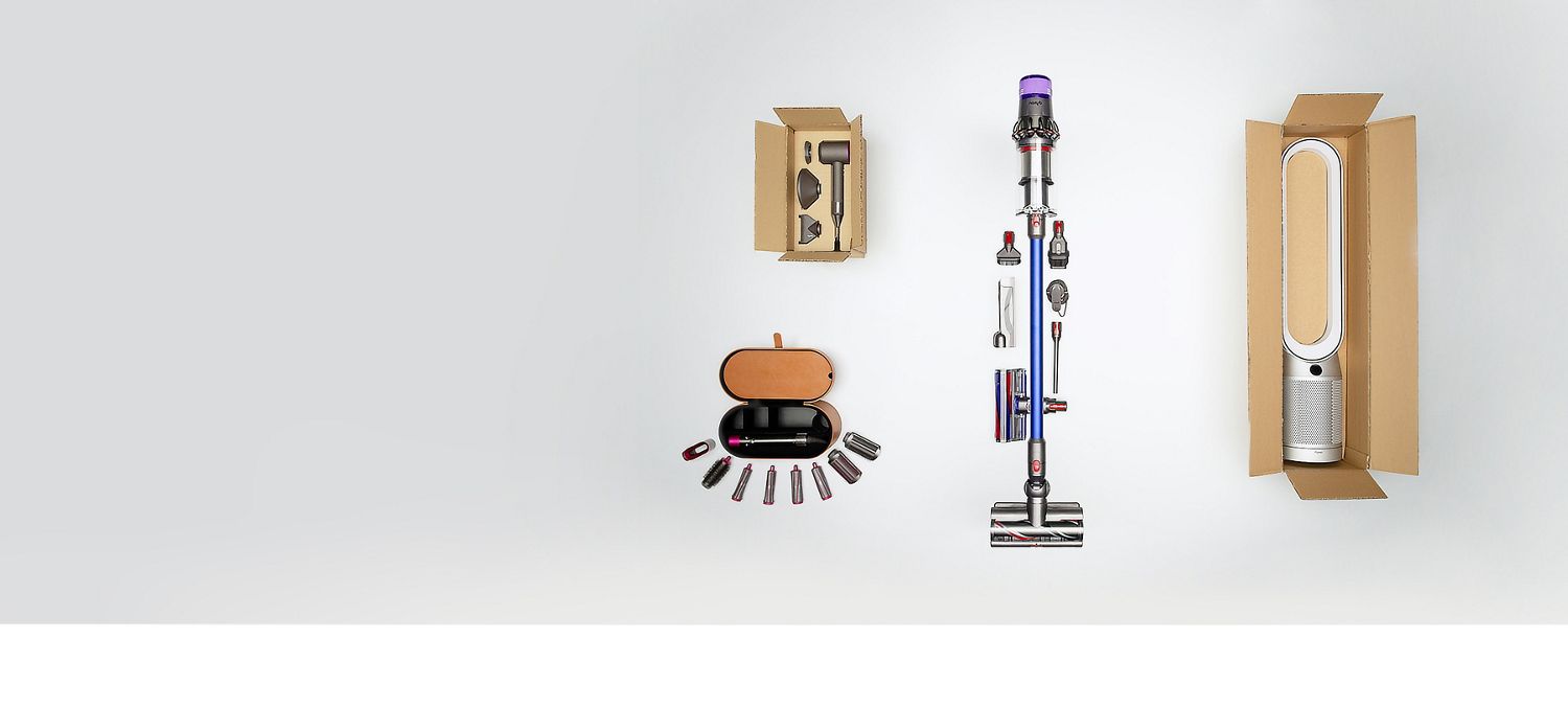 Refurbished Dyson machines with accessories and recyclable packaging.
