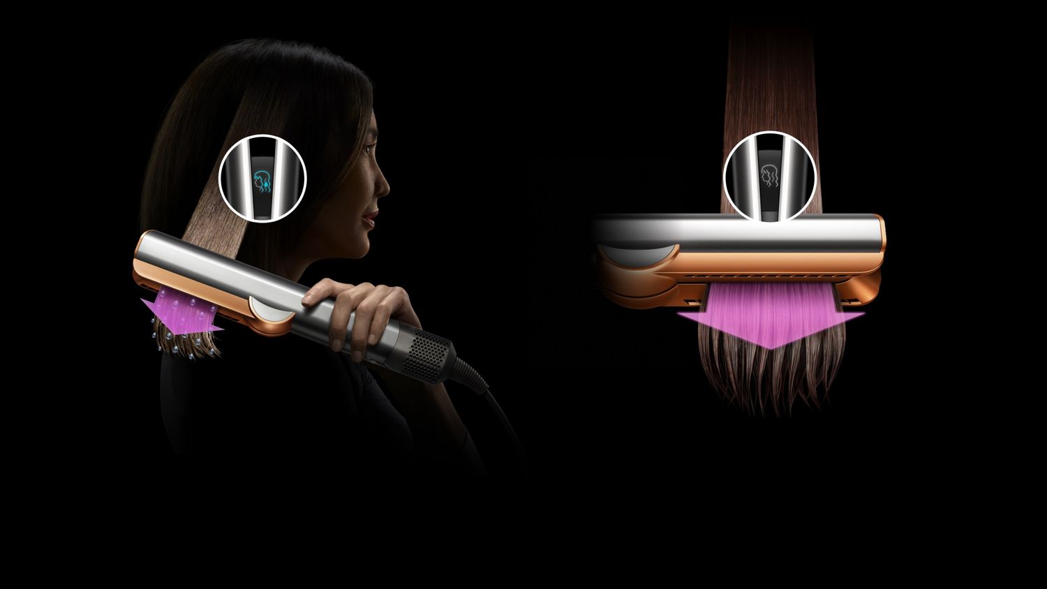 Una griglia di quattro immagini mostra una modella che illustra le fasi di utilizzo della piastra Dyson Airstrait, compresa l'asciugatura e lo styling.