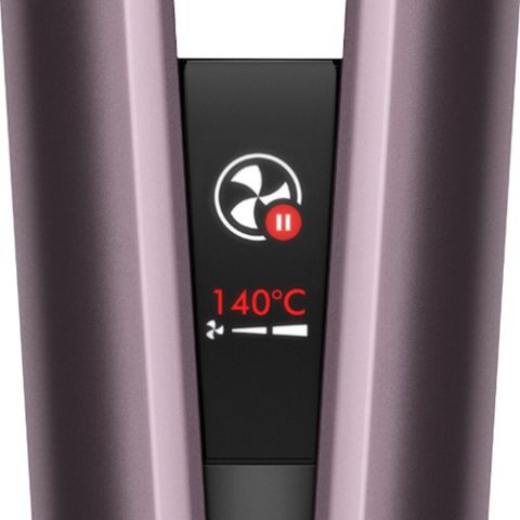 Nahaufnahme des LCD-Bildschirms des Dyson Airstrait, der anzeigt, dass das Gerät automatisch pausiert hat.