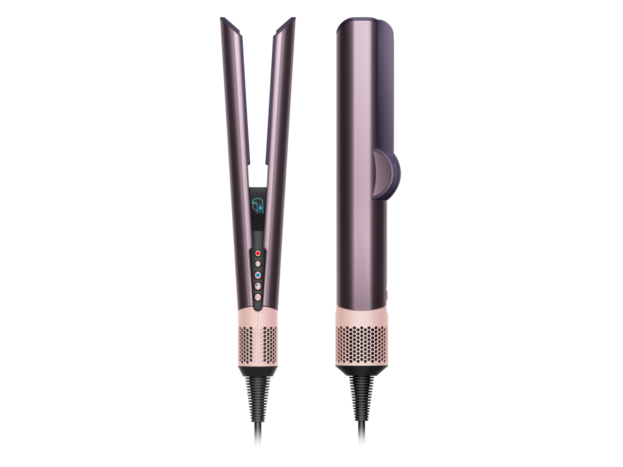 A front and side view of the Dyson Airstrait hair straighteners.