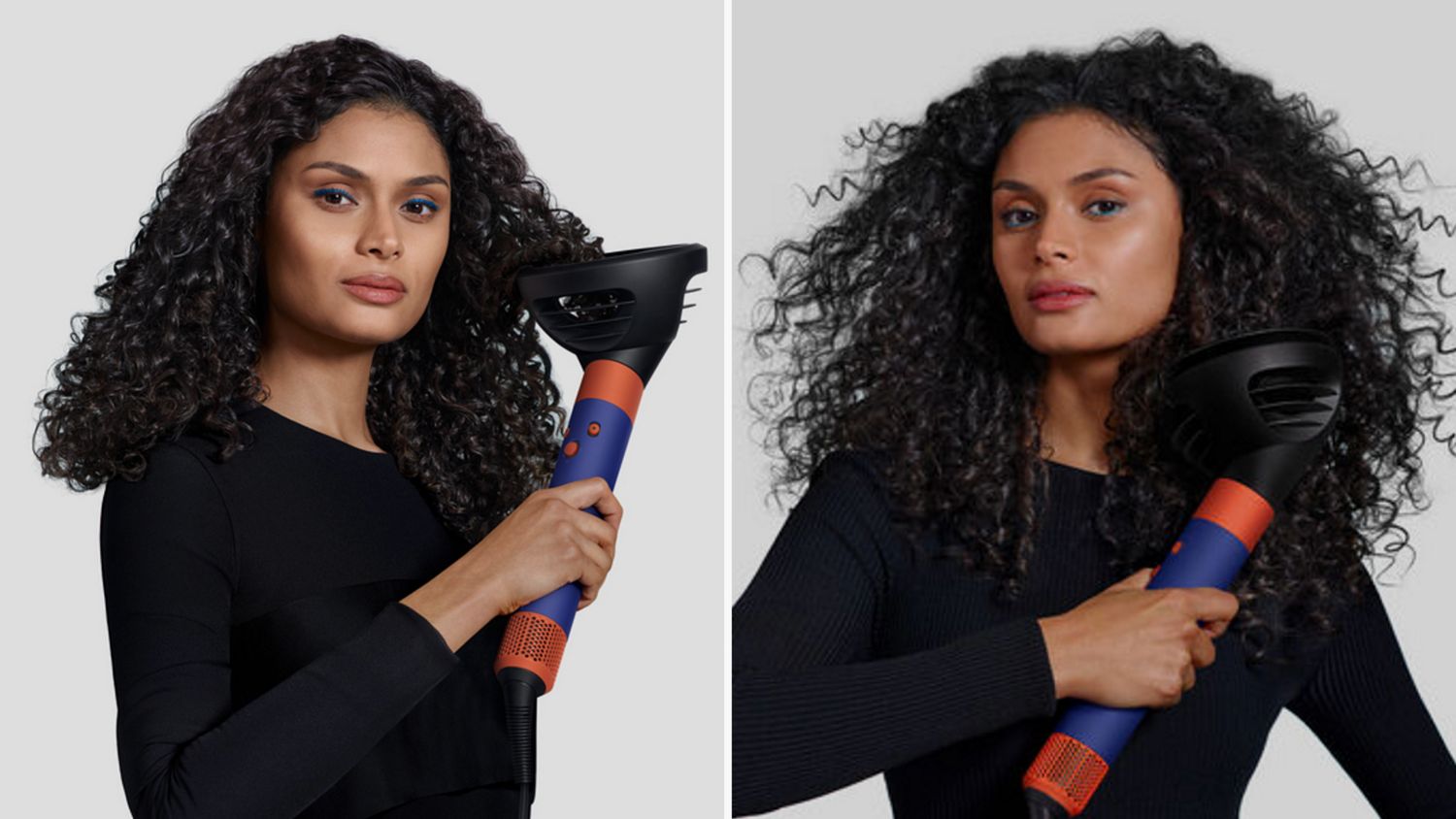 A model with type 4 hair before and after styling hair in a sweeping stretch with the Dyson Airwrap i.d., firm smoothing brush and wide-tooth comb.
