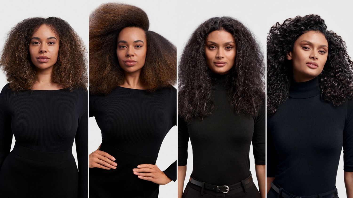 A model before and after styling hair in textured curls with the Dyson Airwrap i.d., Chitosan range, and wave + curl diffuser.