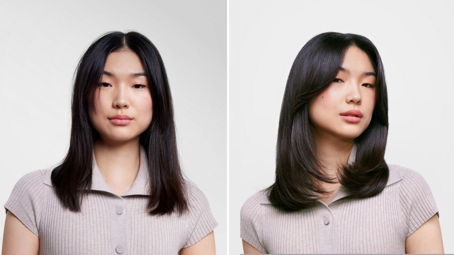 A model with smooth and straight dark hair shown before and after using the Dyson Supersonic Nural, Chitosan range and pro-concentrator.