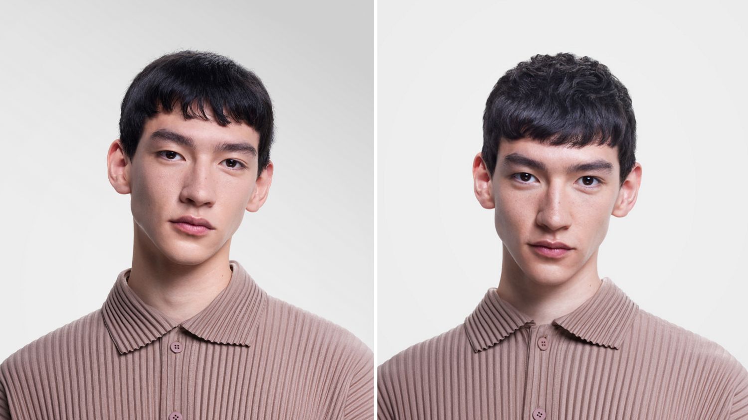 A model with short dark hair shown before and after using the Dyson Supersonic Nural, Chitosan range and diffuser.