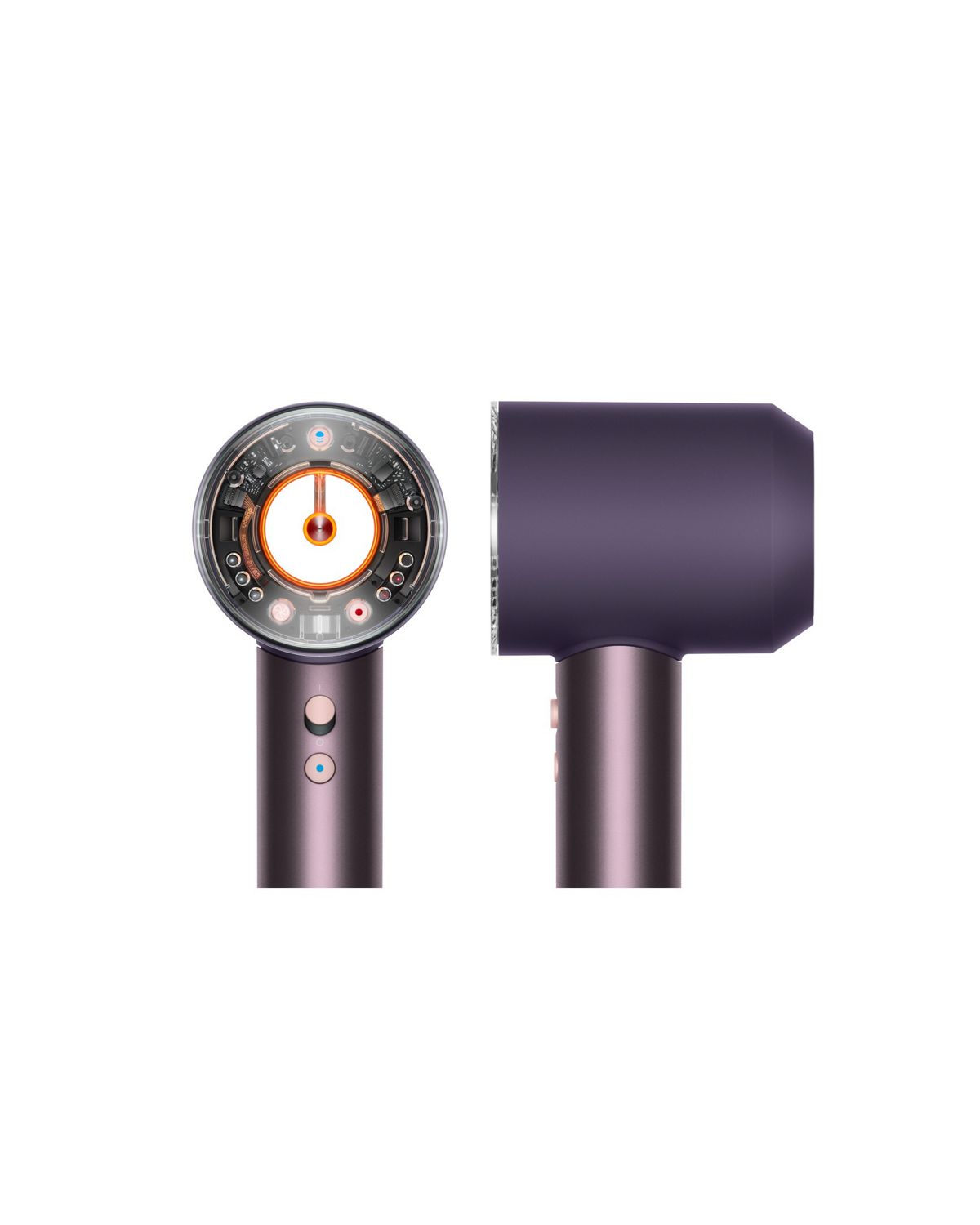 The Dyson Supersonic Nural hair dryer in Jasper plum shown front and side on.