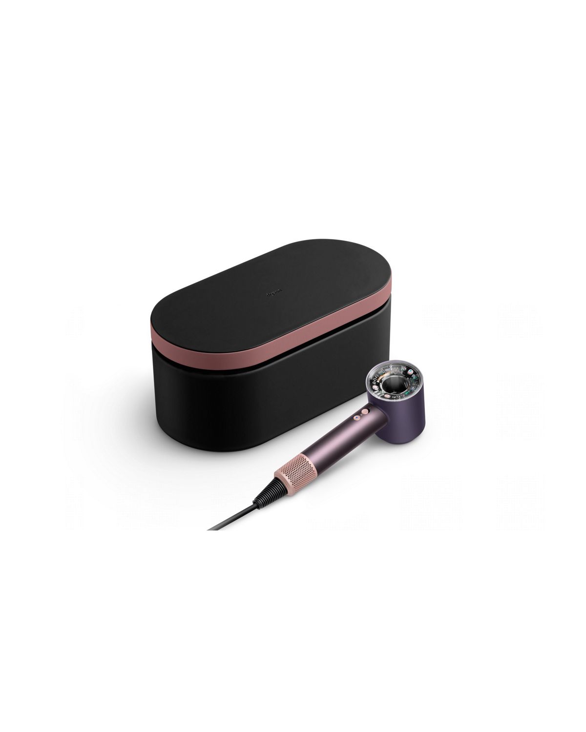 The Dyson Supersonic Nural hair dryer in Jasper plum shown beside a matching Presentation case.