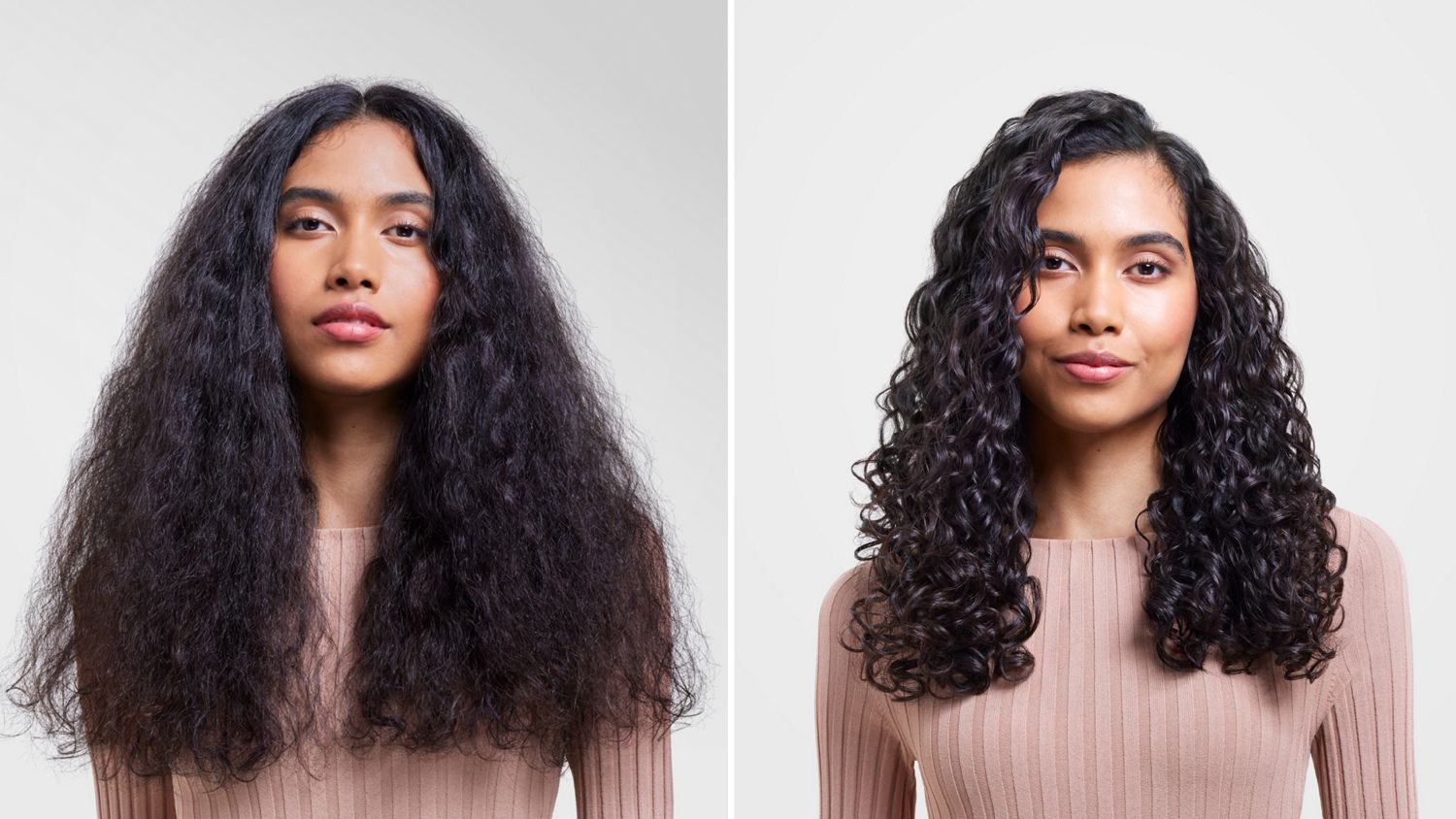 A model with curly hair shown before and after using the Dyson Supersonic Nural with Chitosan range and wave + curl diffuser.