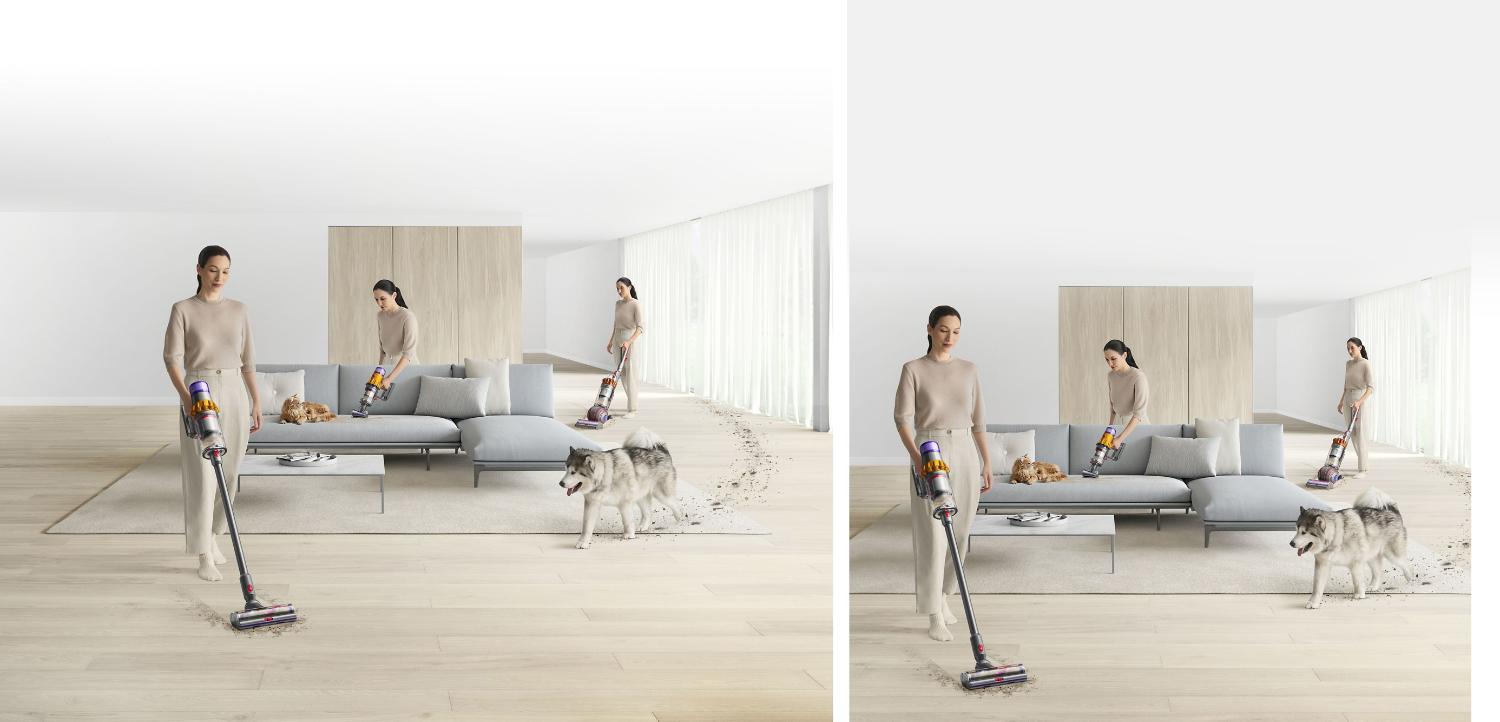 Woman using a Dyson cordless vacuum to clean all around the home
