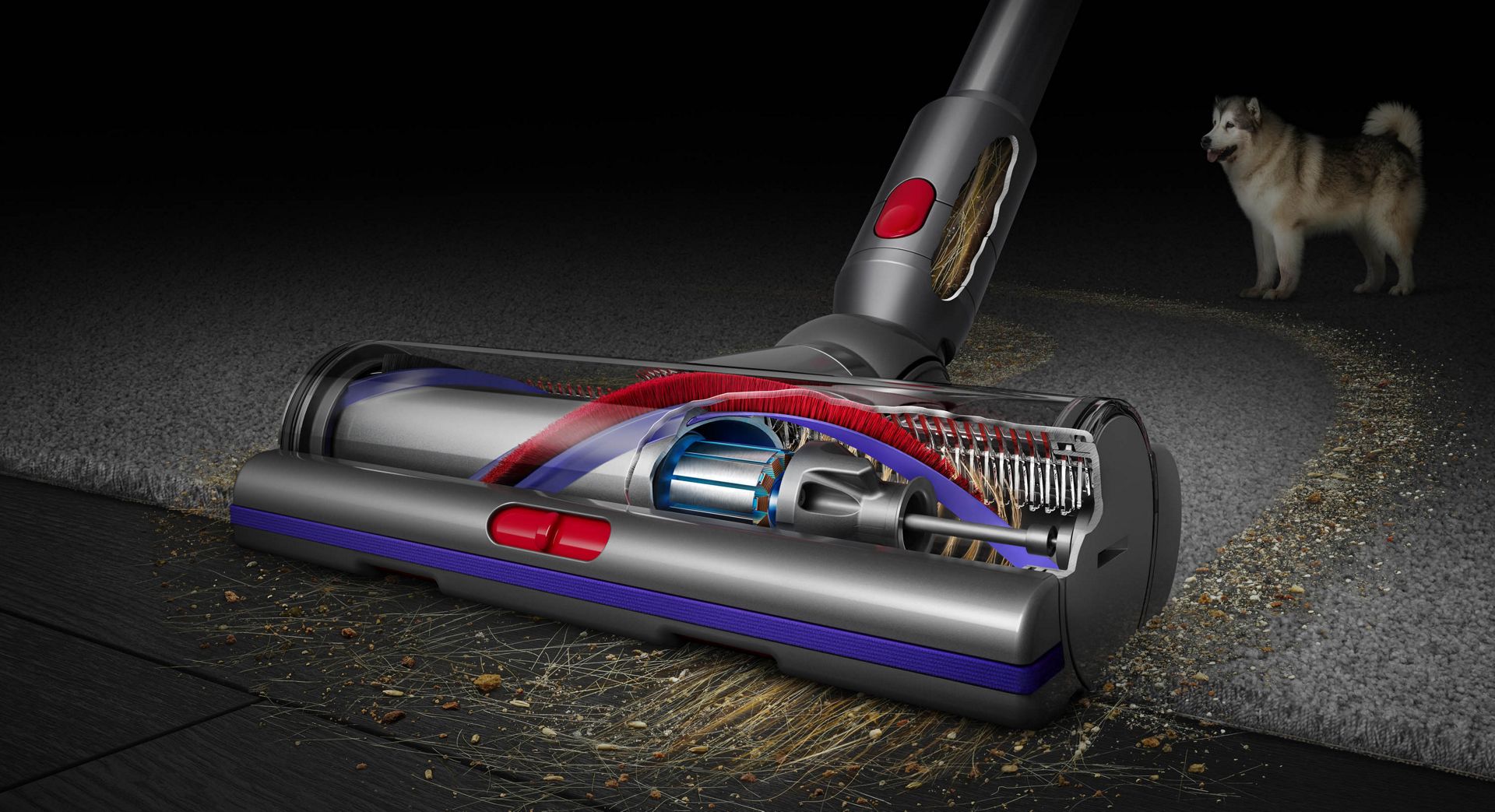 Dyson Motorbar™ cleaner head cleaning across a hard floor and a carpet