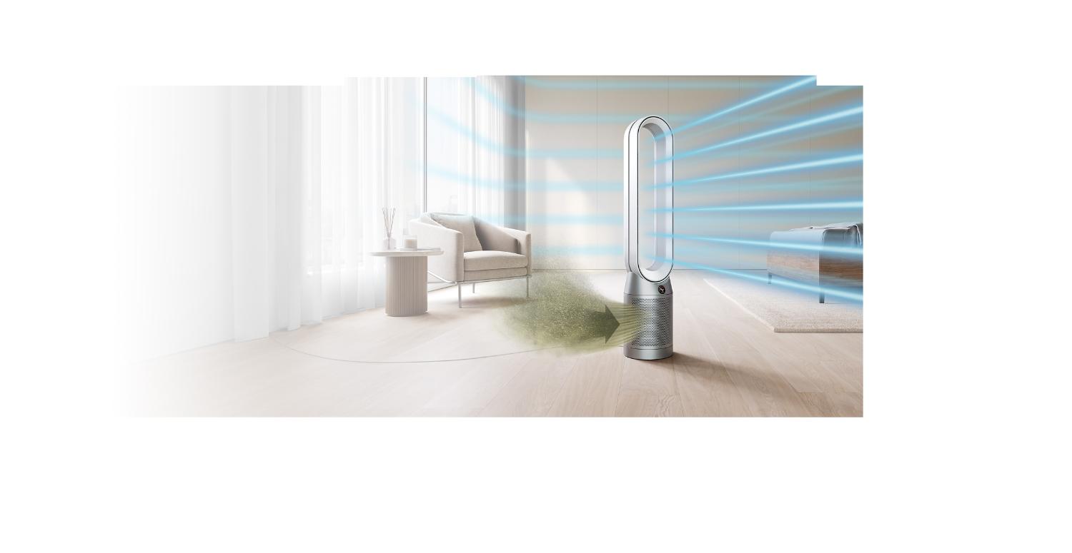Dyson Pure Cool purifying fan projecting clean air throughout a living room
