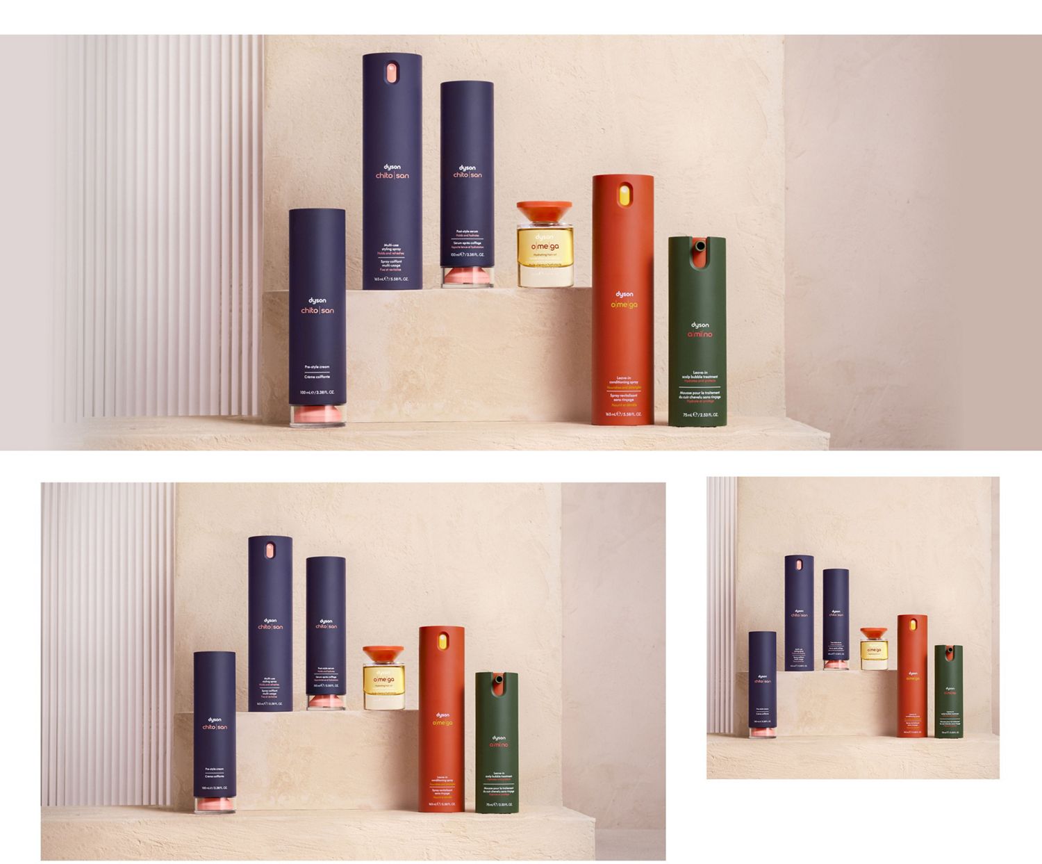 The Dyson Chitosan, Omega, and Omega hair formulation ranges.