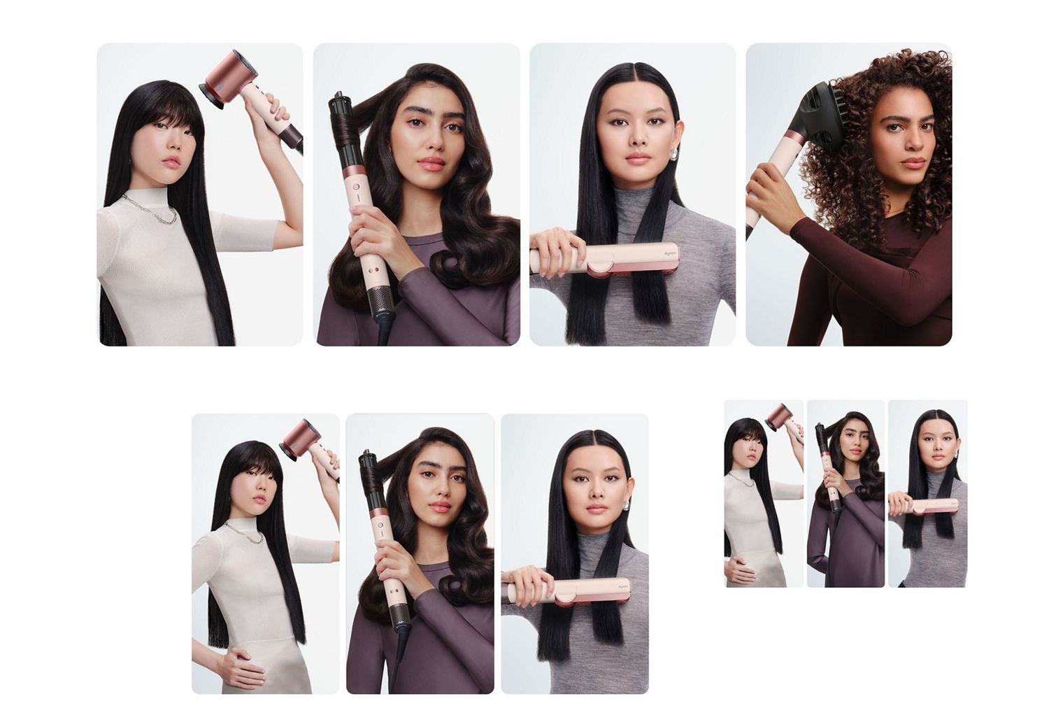  Trio of models style their hair with Dyson Beauty devices.