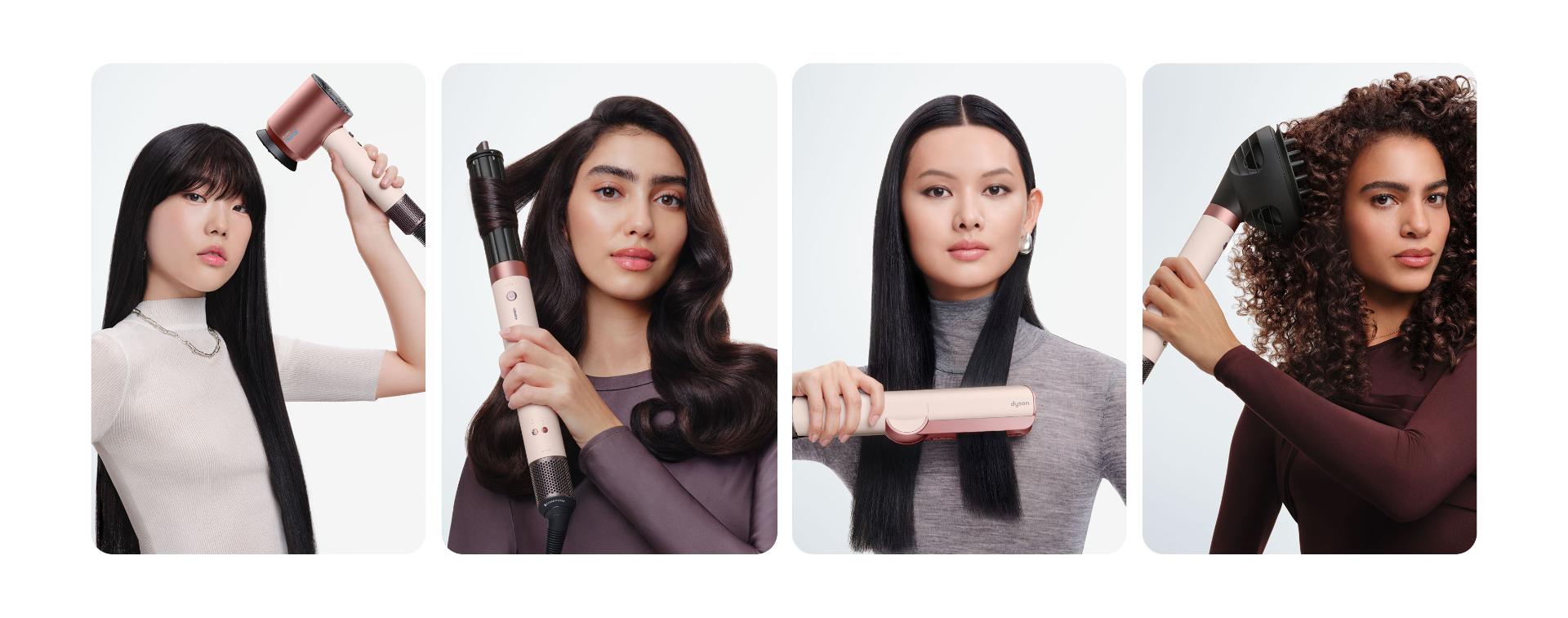 Trio of models style their hair with Dyson Beauty devices.