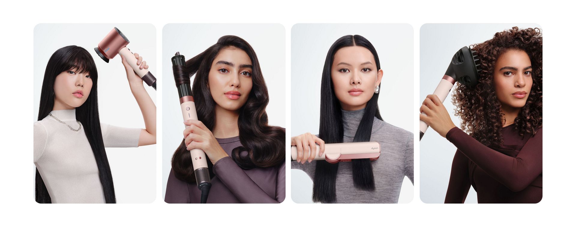 Trio of models style their hair with Dyson Beauty devices.