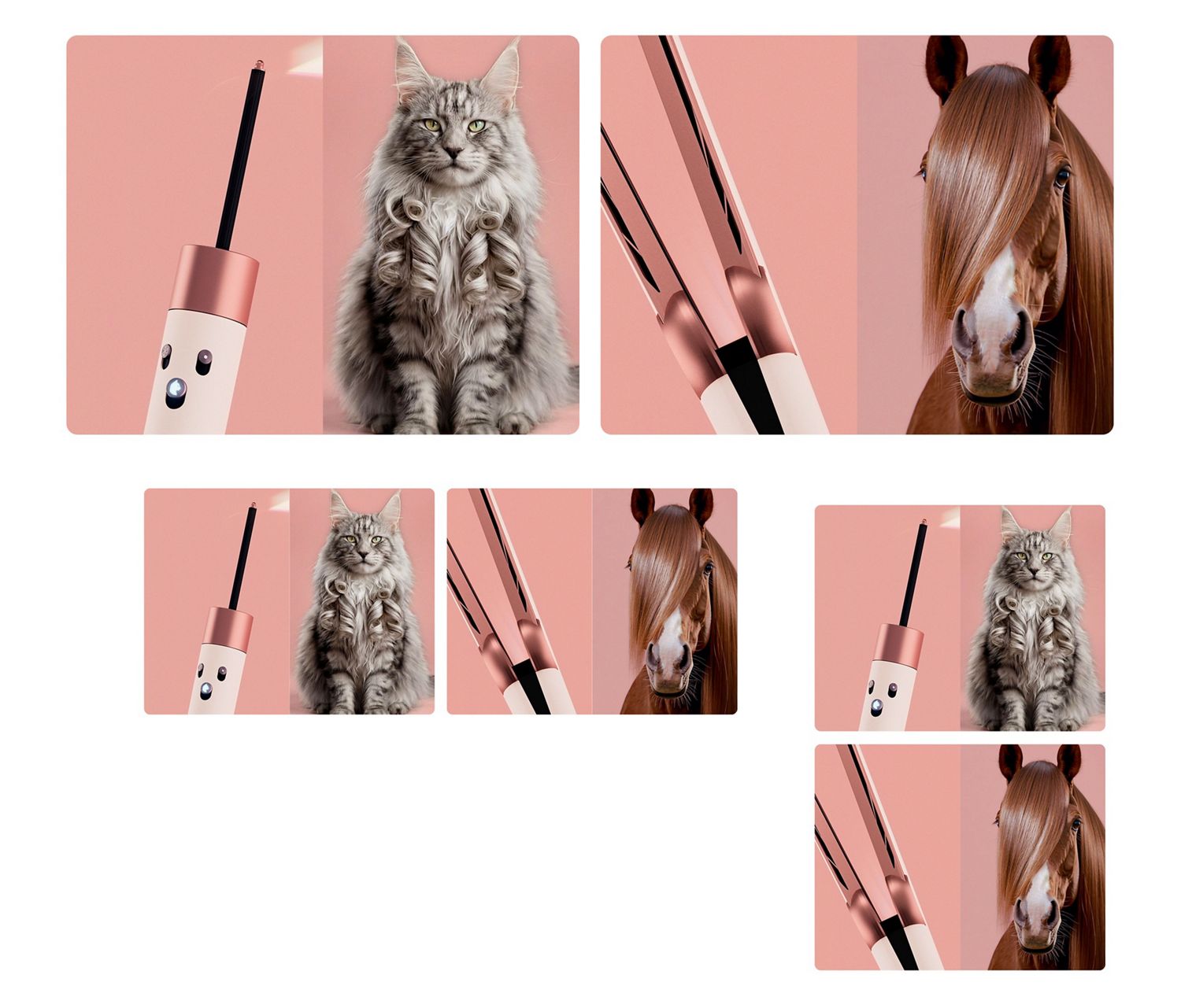 Dyson Airwrap Fur and Airstrait Mane+Tail next to a very handsome looking Maine Coon cat and simply majestic horse.