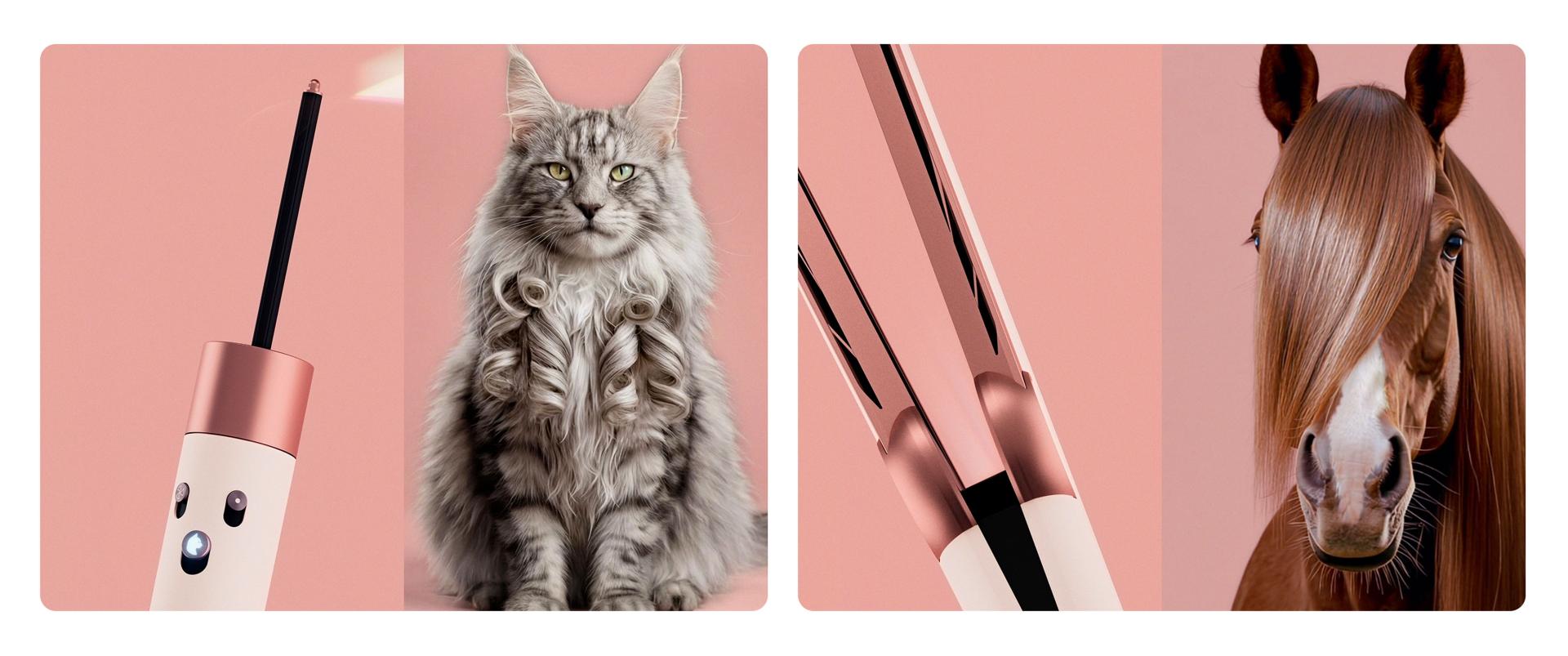 Dyson Airwrap Fur and Airstrait Mane+Tail next to a very handsome looking Maine Coon cat and simply majestic horse.