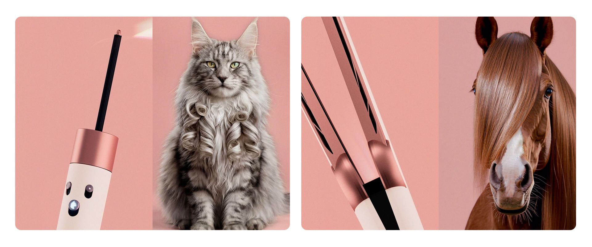Dyson Airwrap Fur and Airstrait Mane+Tail next to a very handsome looking Maine Coon cat and simply majestic horse.