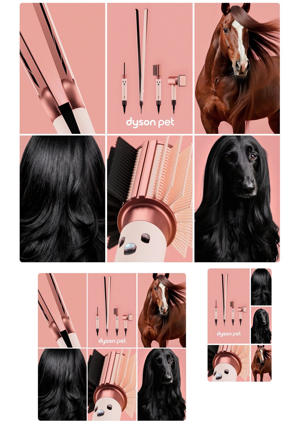 The Dyson Beauty Pet range next to pets with sleek, stylish fur. 