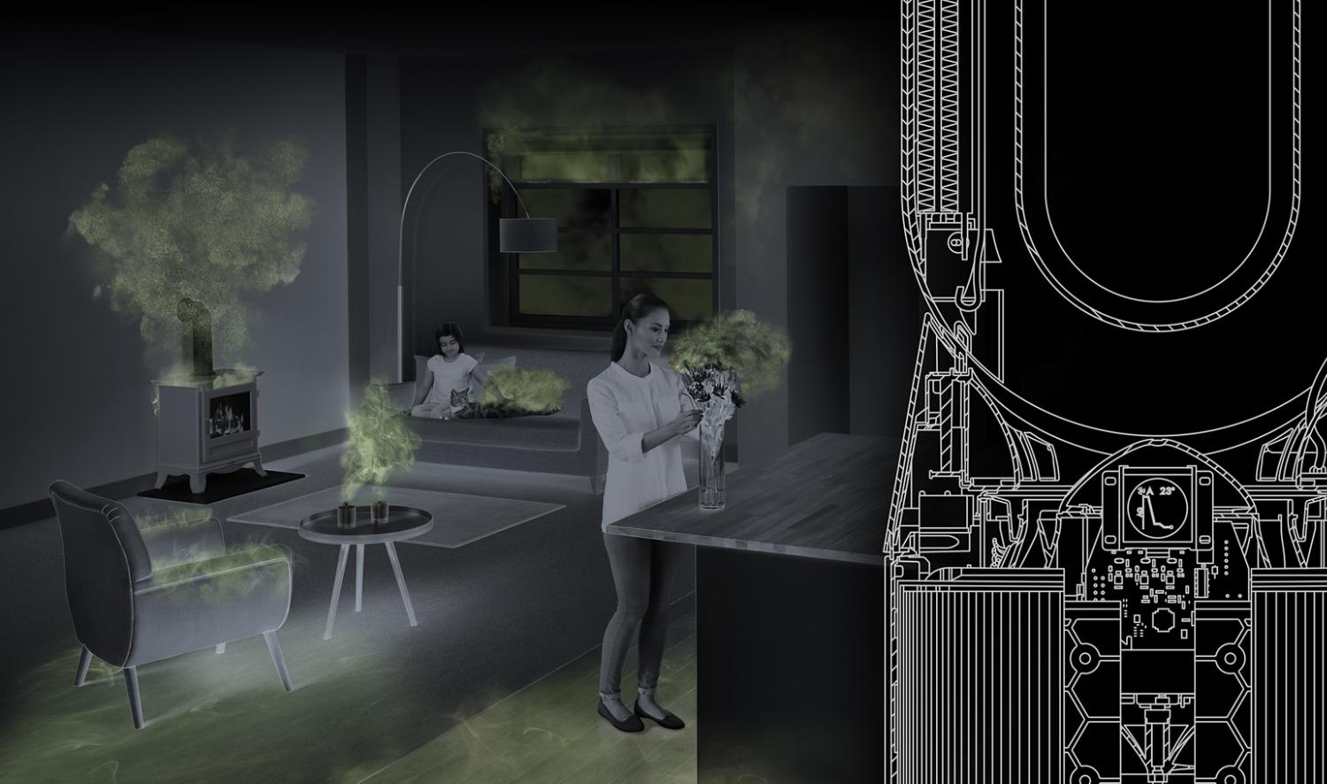 The Dyson Pure Hot+Cool purifying fan heater in a room with sources of indoor air pollution, includin a gas stove and cleaning sprays