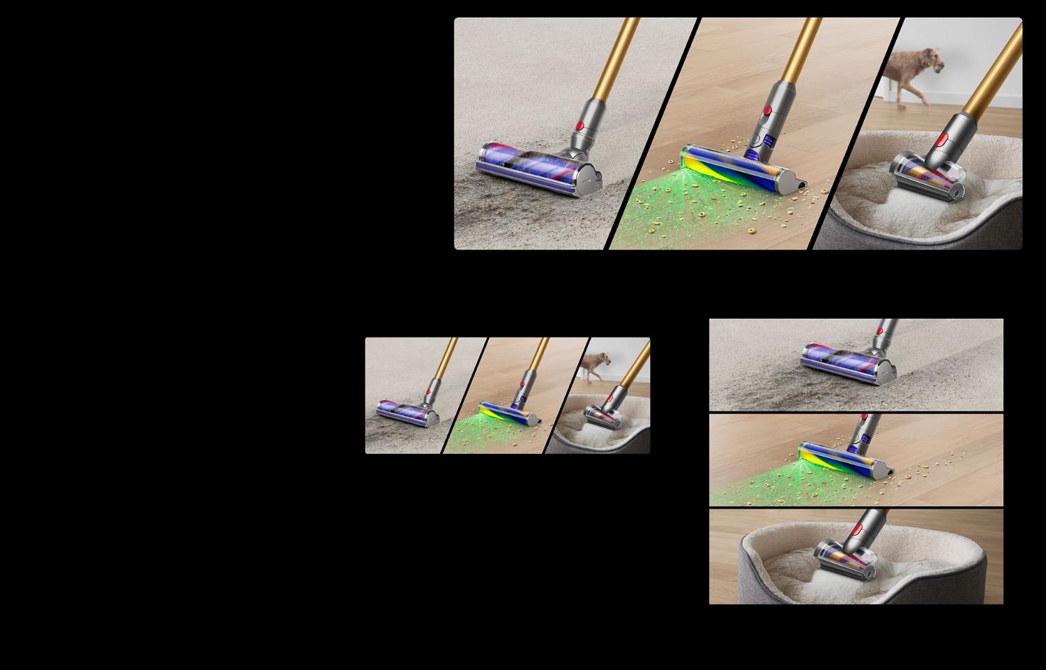 Range of cleaner heads on the Dyson V15 Detect vacuum cleaner being used to clean different surfaces.