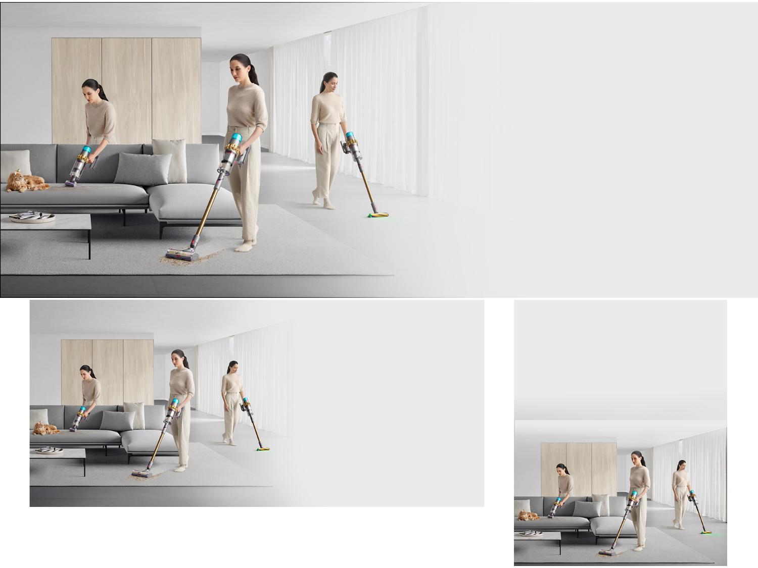 Three instances of the same model cleaning different elements of her house, including her sofa, carpet and hard floor with the Dyson V15 Detect vacuum.