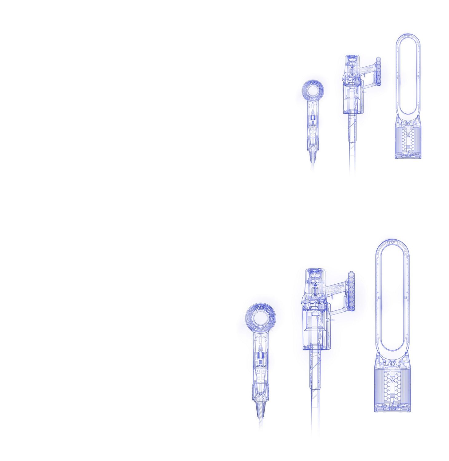 Croquis des technologies Dyson en bleu sur fond blanc animés