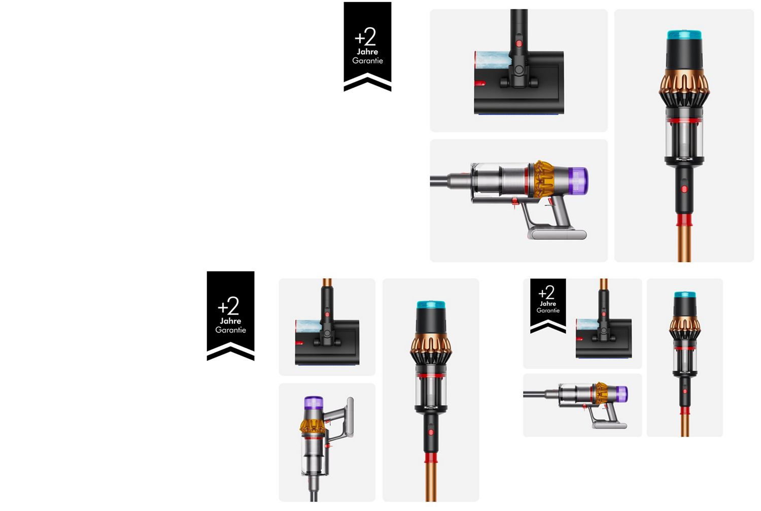 A range of Dyson machines with banner reading Plus 2 Year Guarantee.