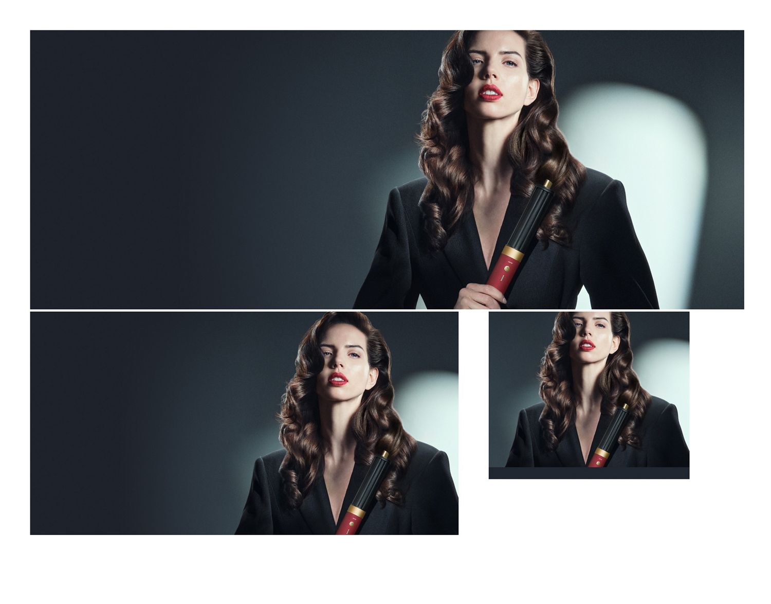 Model curls her sleek styled hair with the Dyson Airwrap Co-anda2x multi-styler and dryer.