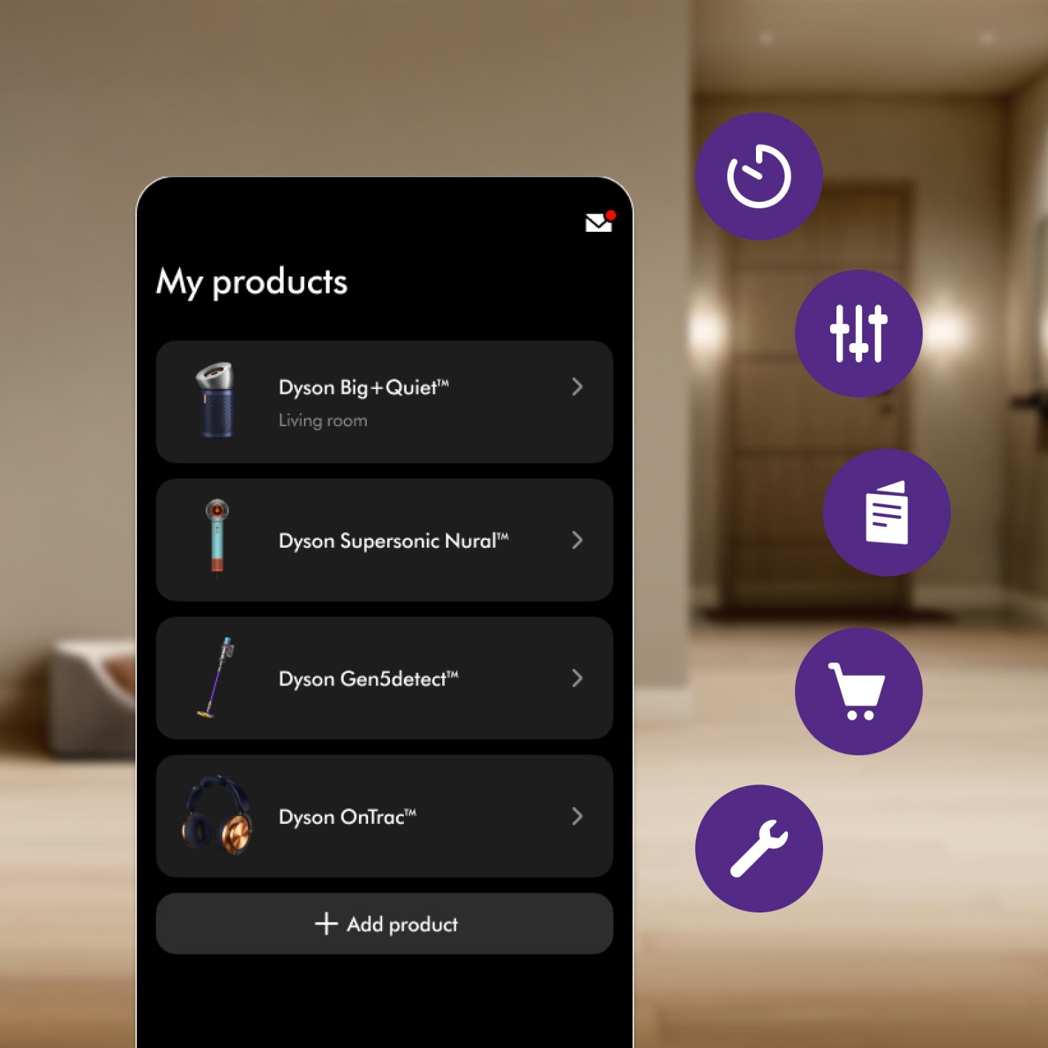 MyDysonアプリでご覧いただけるダイソンの各種デバイスと機械。