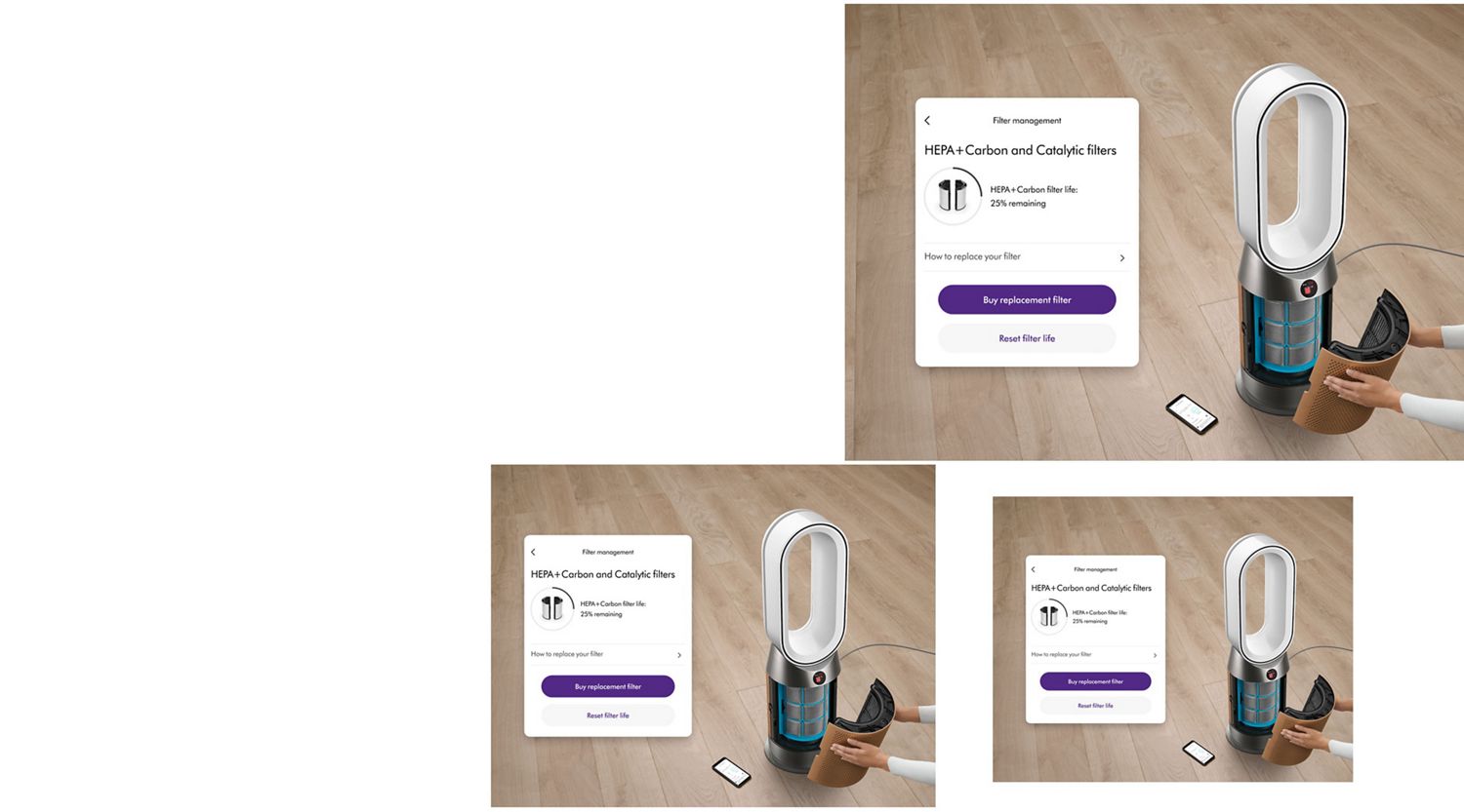 Un propriétaire de purificateur Dyson remplace son filtre grâce à l’application MyDyson.