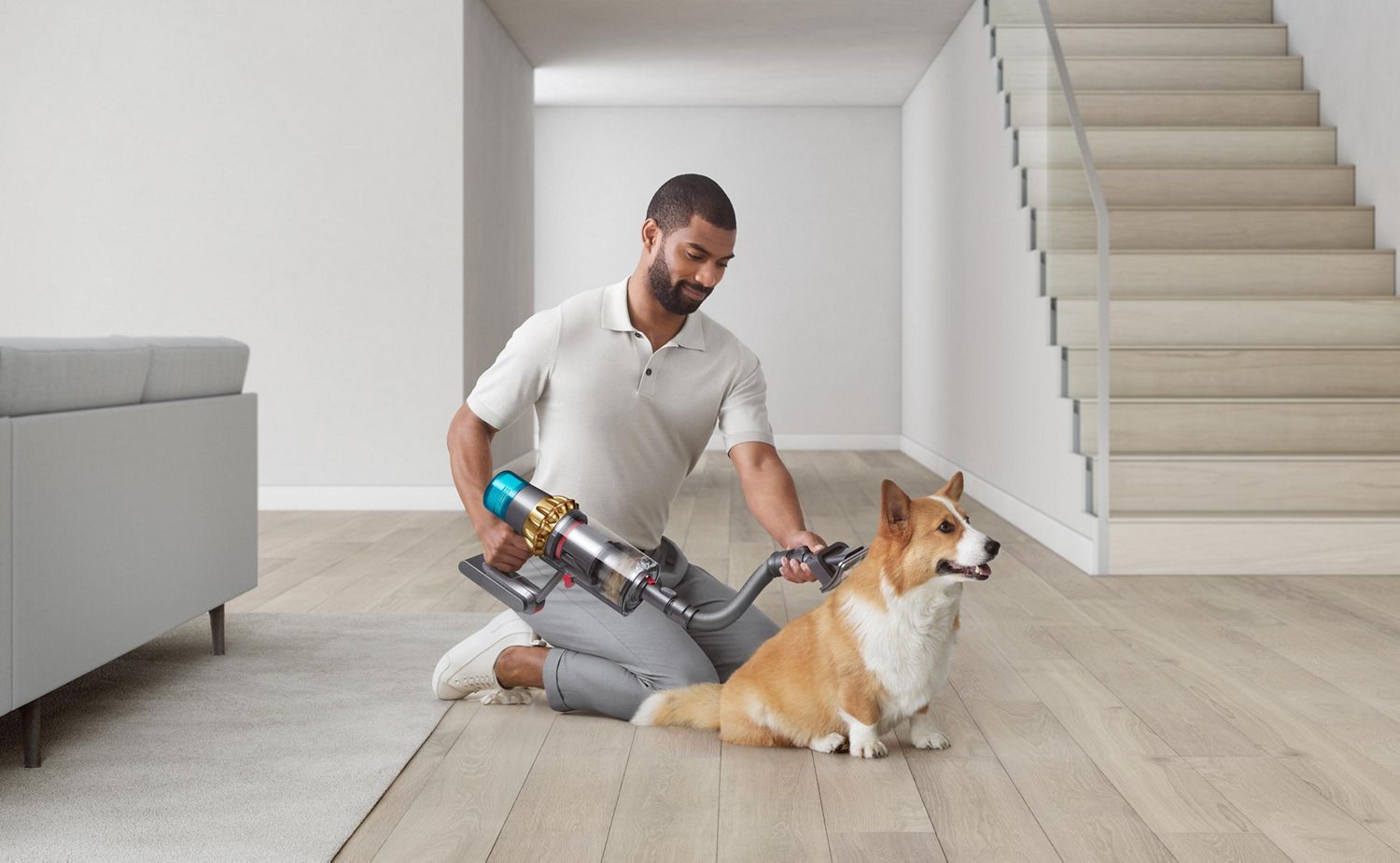 A man brushing Corgi dog with Dyson Pet grooming tool attachment