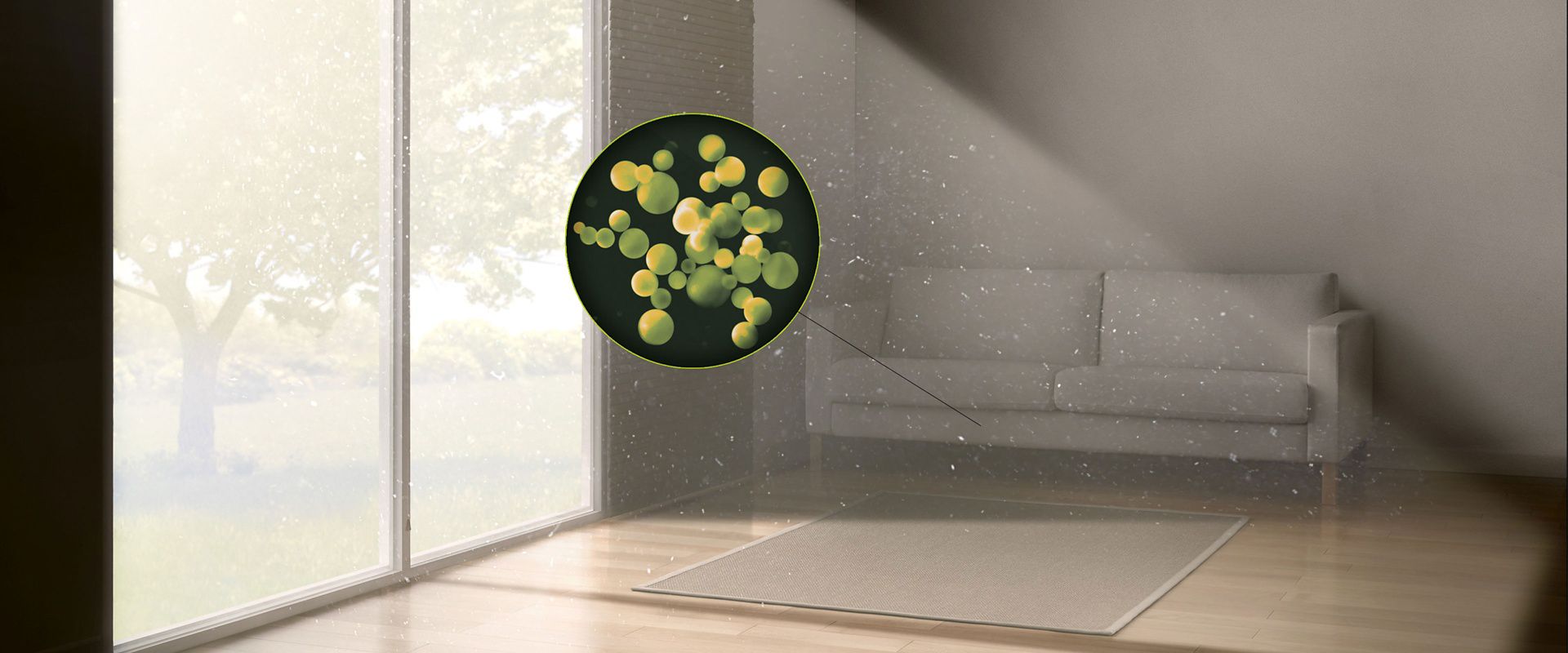 Extreme close-up of a house dust particle against a lounge backdrop