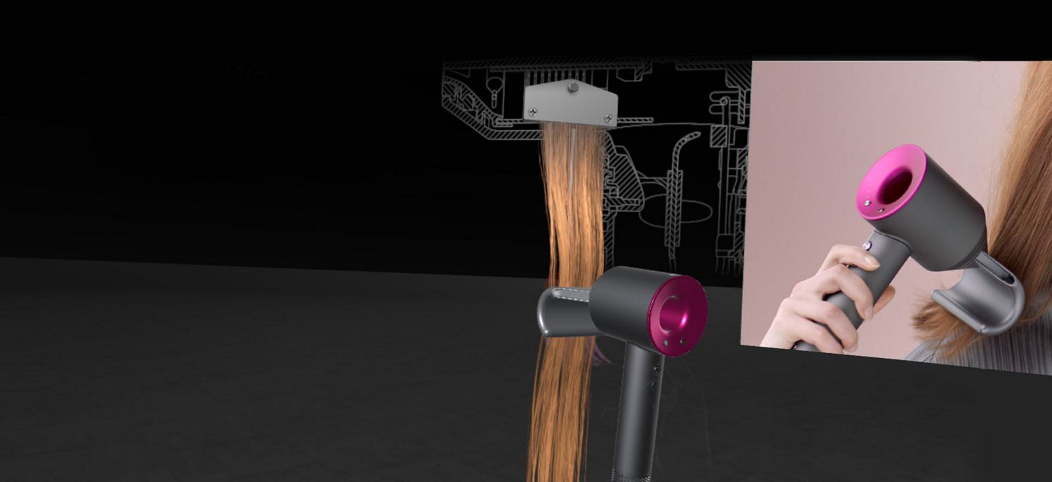 Personne se séchant les cheveux en réalité virtuelle avec le sèche-cheveux Supersonic de Dyson.