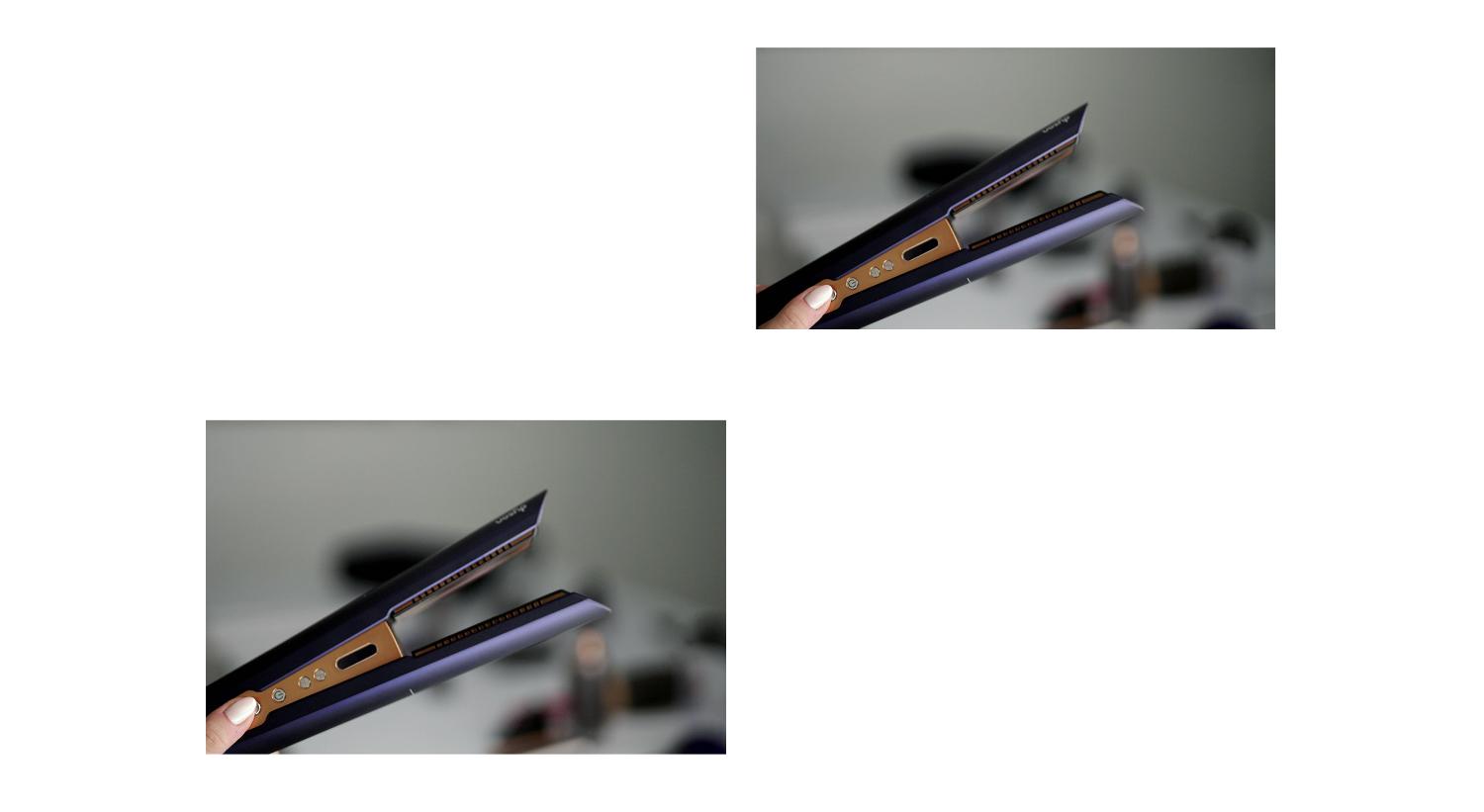 A close-up of a stylist using the Dyson Corrale straightener on a model