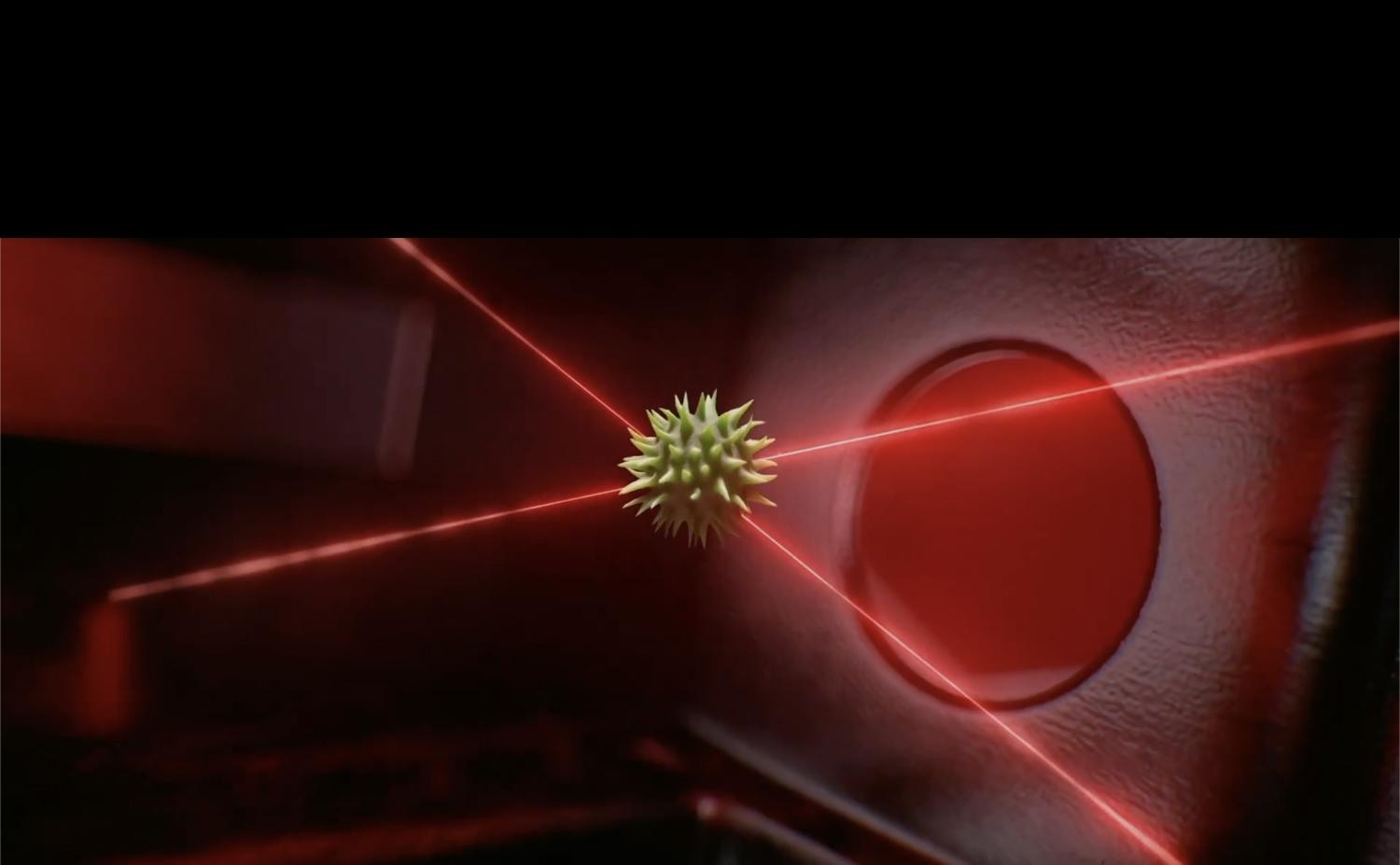 Eine Darstellung von Schadstoffen, die einen Dyson Luftreiniger umgeben.