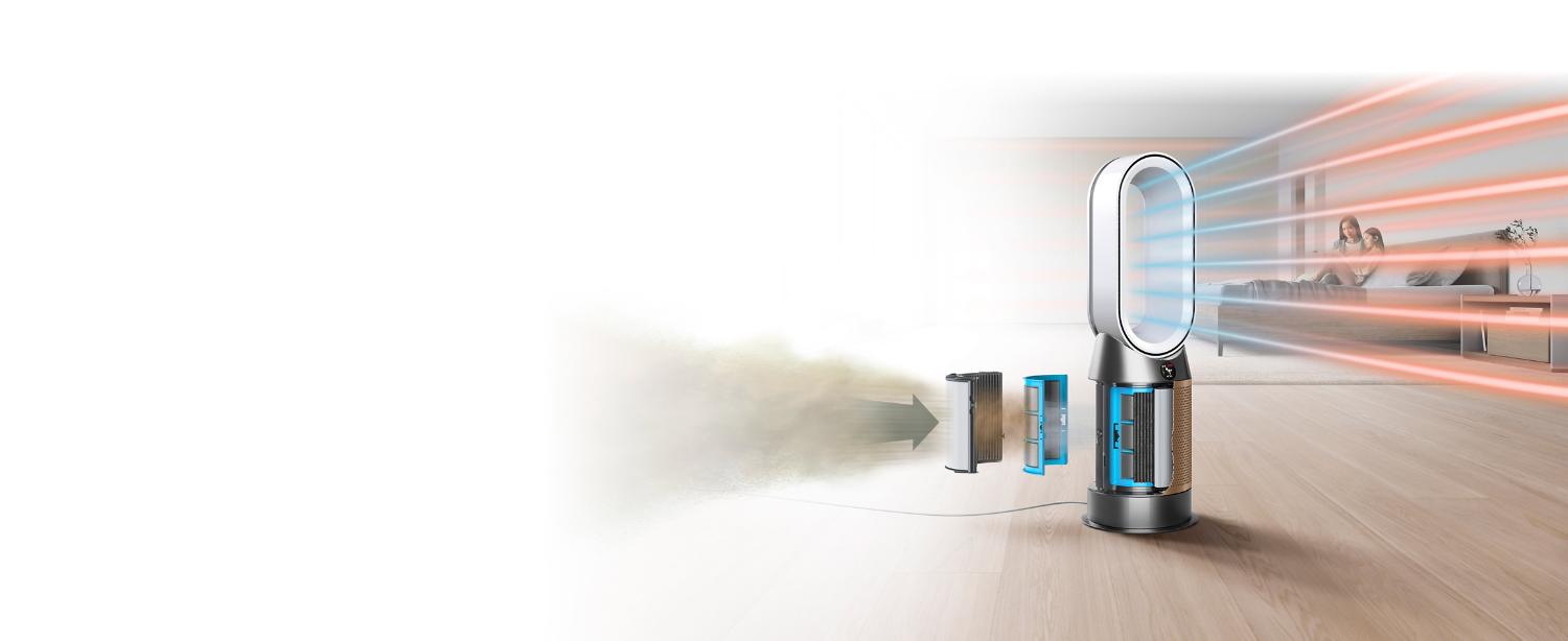 Eine Schnittdarstellung eines Dyson Luftreinigers, die die Filter im Inneren zeigt.