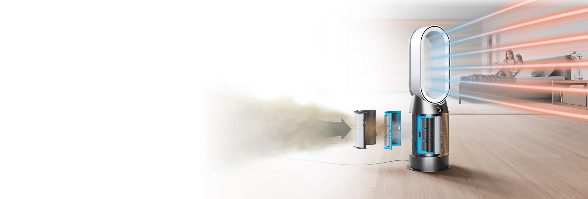 Wycięty widok oczyszczacza Dyson, odsłaniający znajdujące się wewnątrz filtry