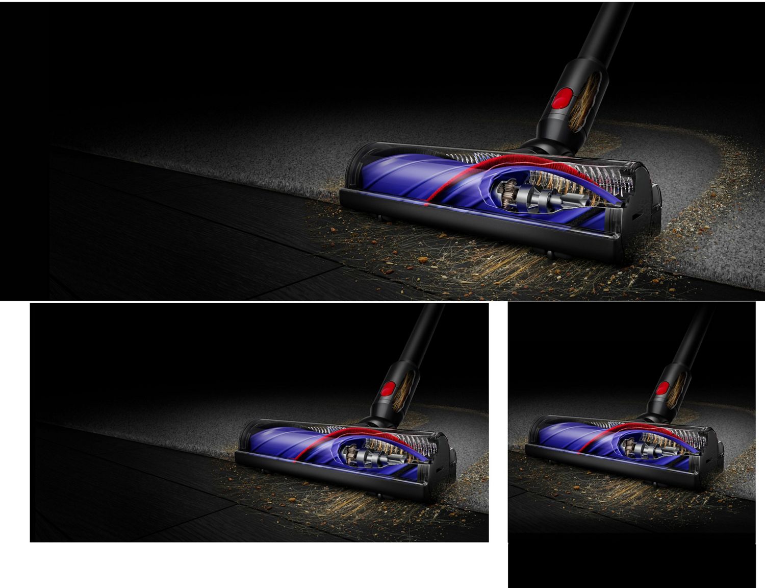 Dyson cleaner head clearing debris from a floor