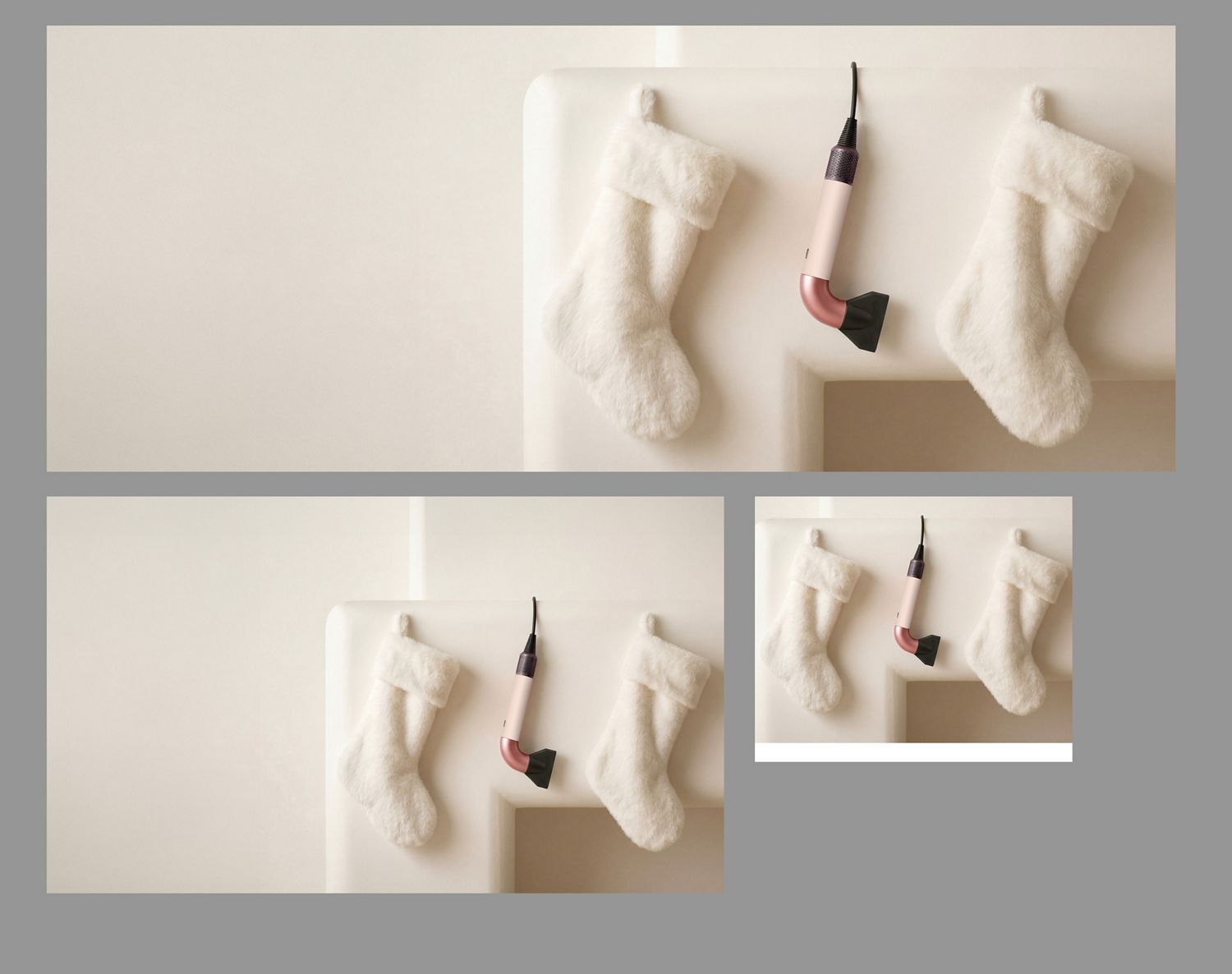 Der Dyson Supersonic r Haartrockner hängt an einer Leine zwischen zwei Weihnachtsstrümpfen.