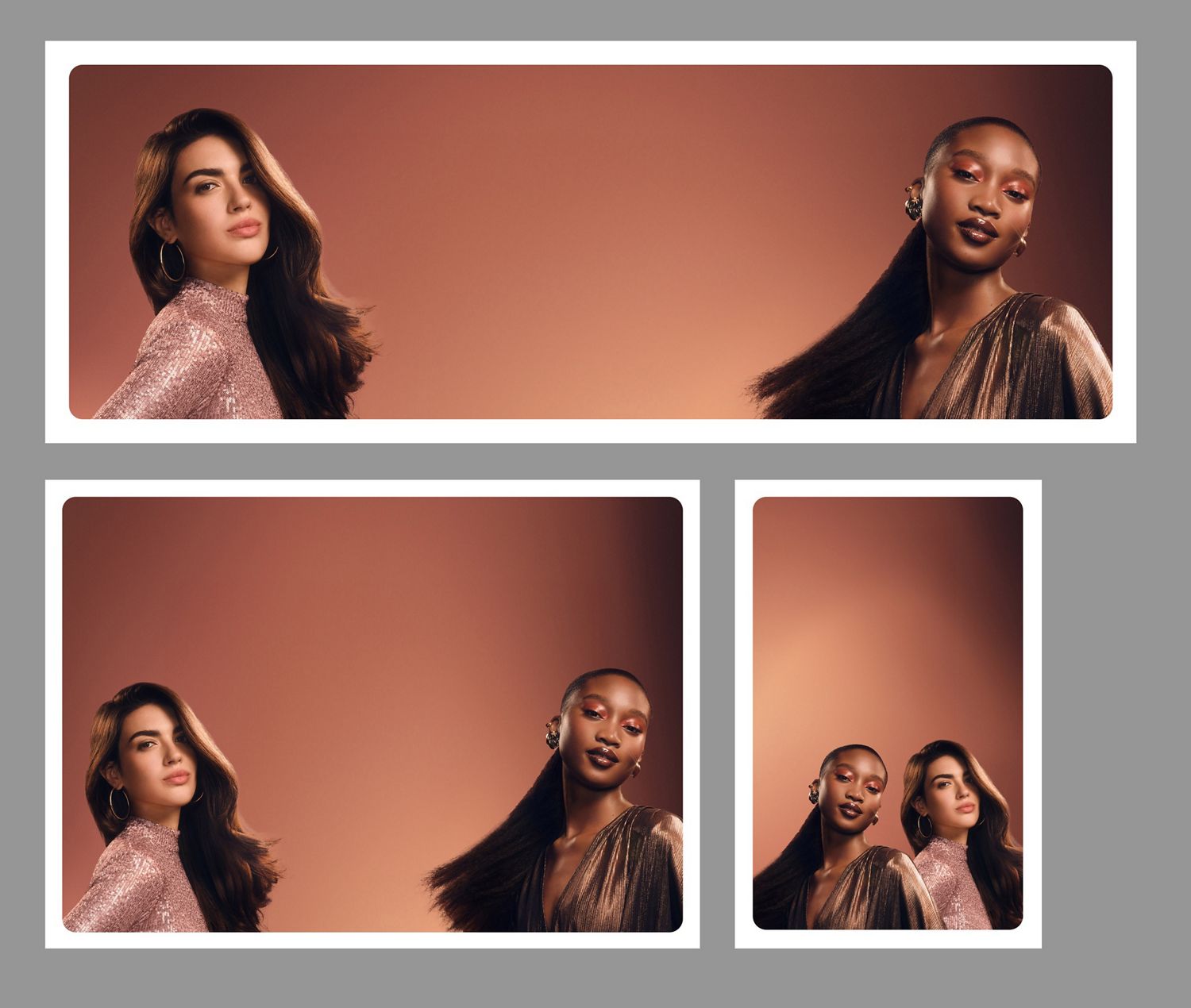  A pair of models with luxurious, healthy hair styled with Dyson products and devices.