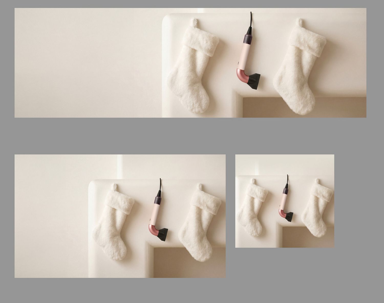 Der Dyson Supersonic r Haartrockner hängt an einer Leine zwischen zwei Weihnachtsstrümpfen.